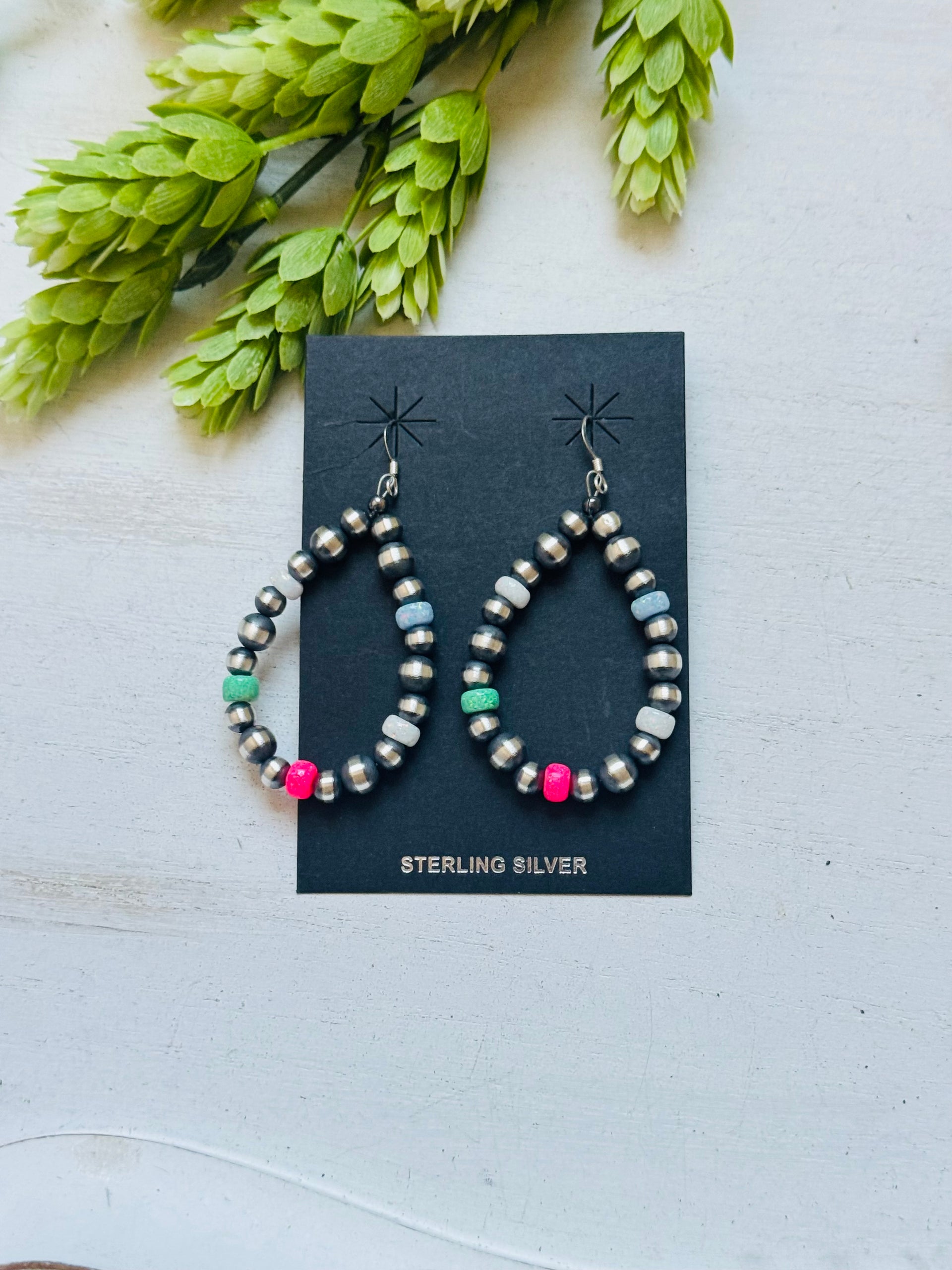 Navajo Strung Opal (Man Made) & Sterling Silver Graduated Pearl Dangle Earrings