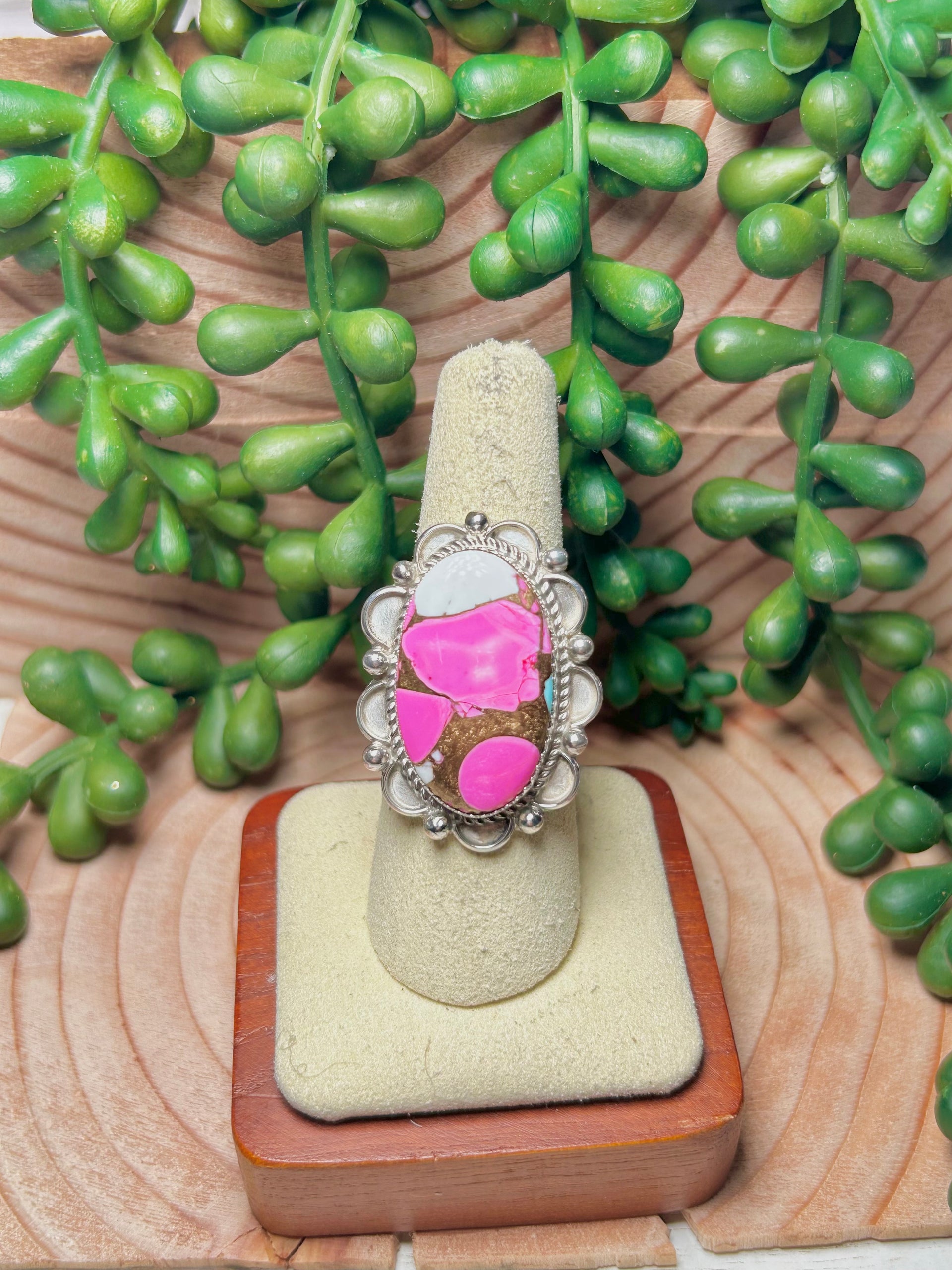 Navajo Made Cotton Candy Dahlia & Sterling Sliver Ring Size 7