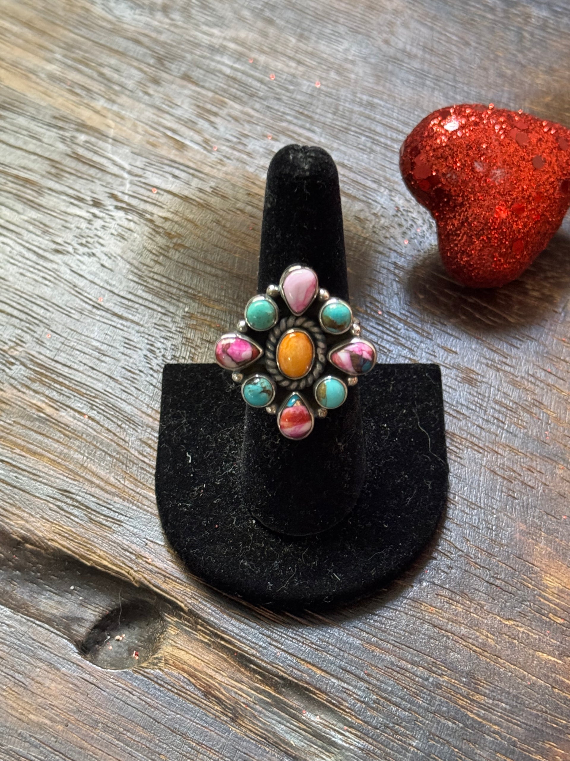 Southwest Handmade Multi Stone & Sterling Silver Adjustable Cluster Ring