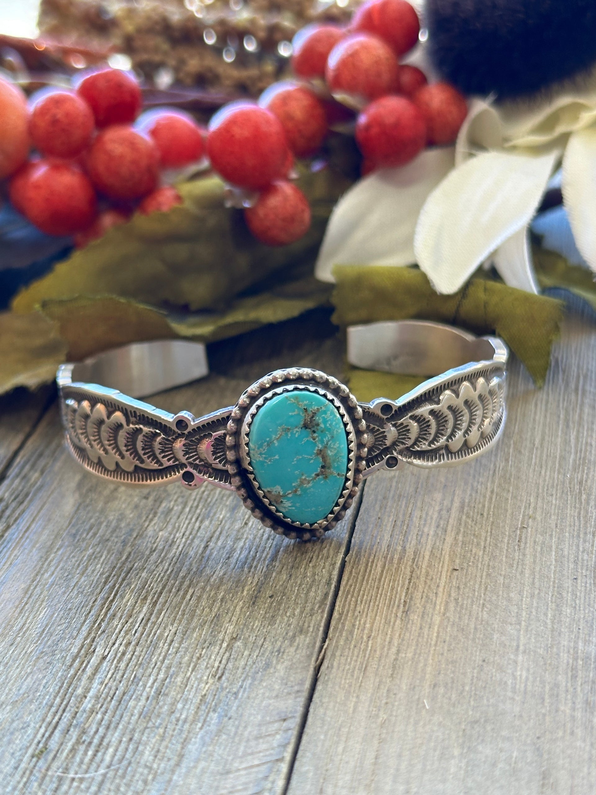Navajo Made Kingman Turquoise & Sterling Silver Cuff Bracelet