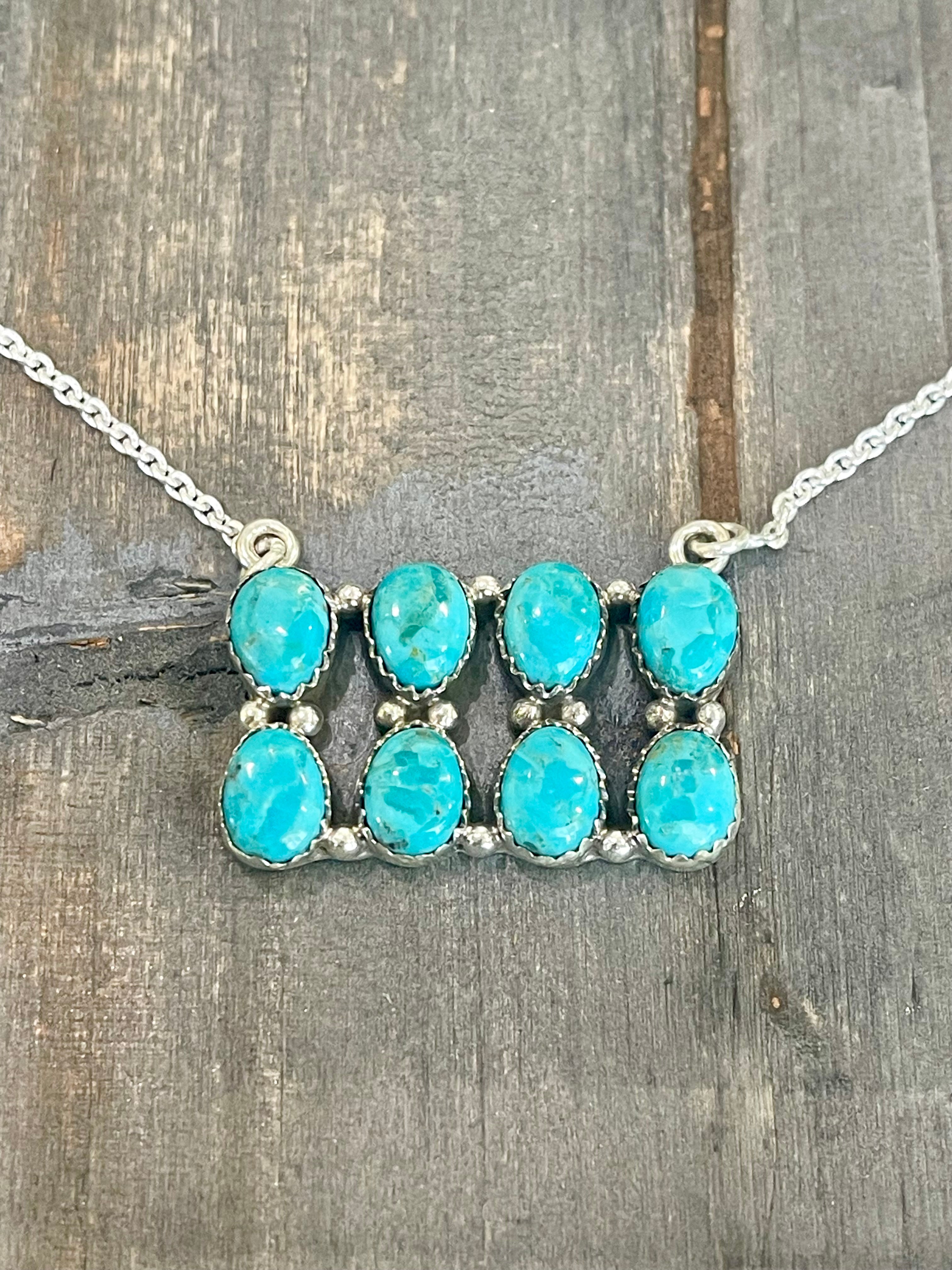 Southwest Handmade Kingman Turquoise & Sterling Silver Cluster Bar Necklace