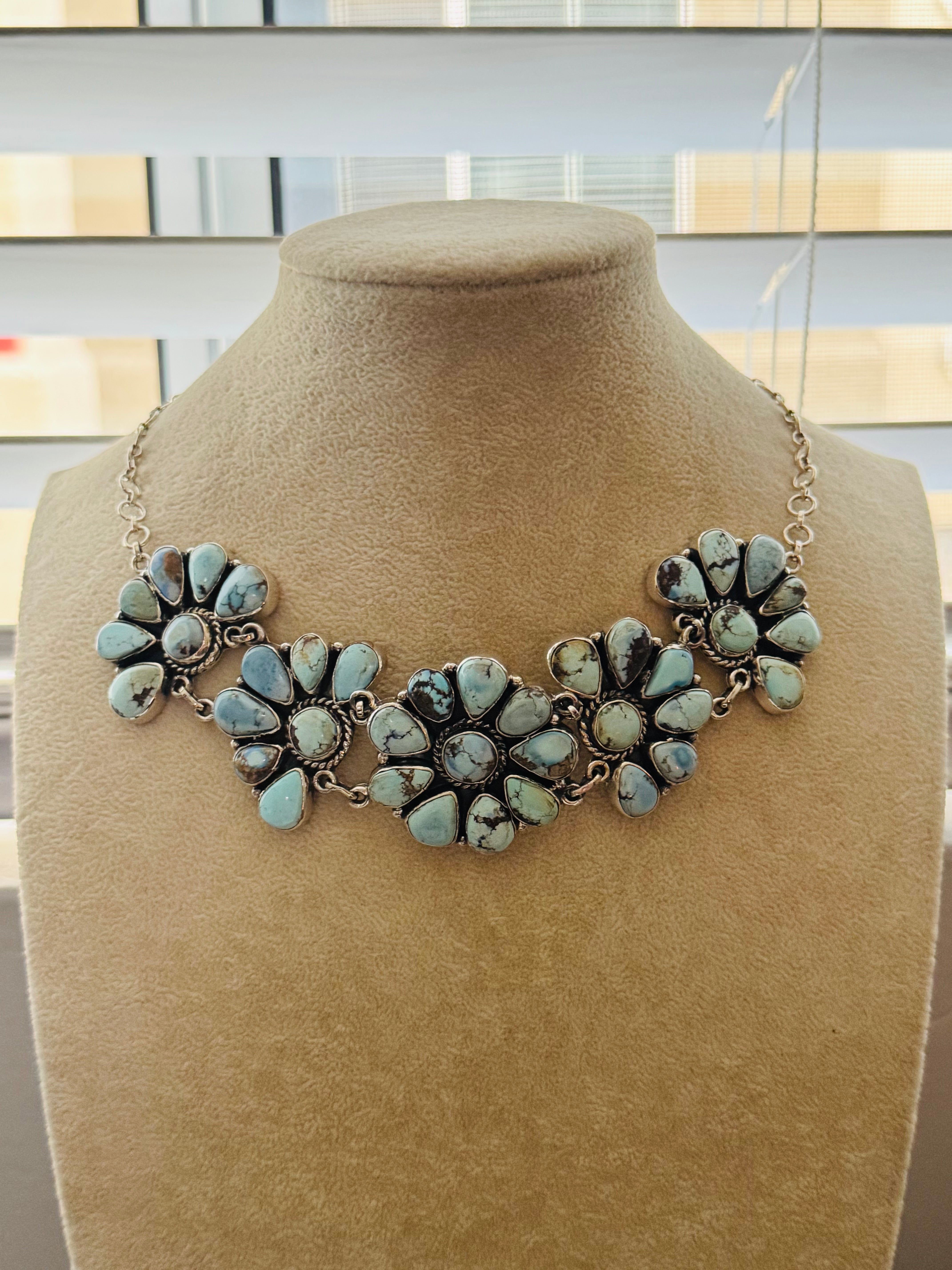 Southwest Handmade Golden Hills Turquoise & Sterling Silver Cluster Choker Necklace