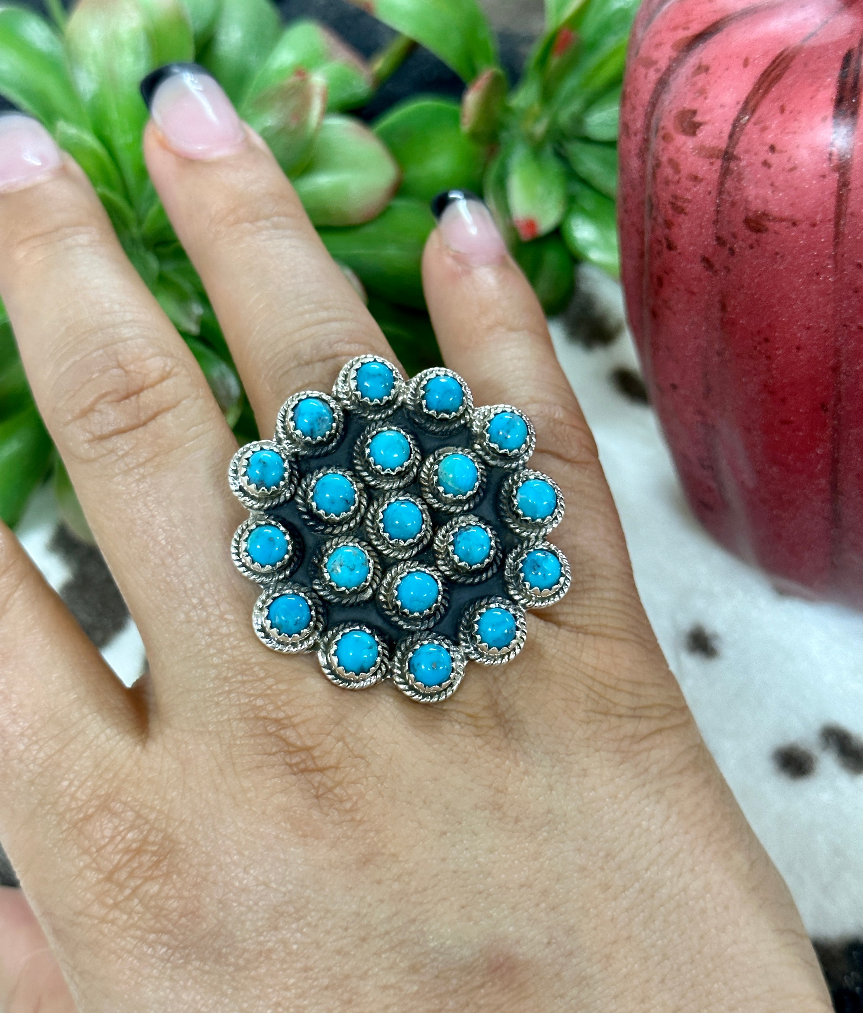 Southwest Handmade Kingman Turquoise & Sterling Silver Cluster Adjustable Ring