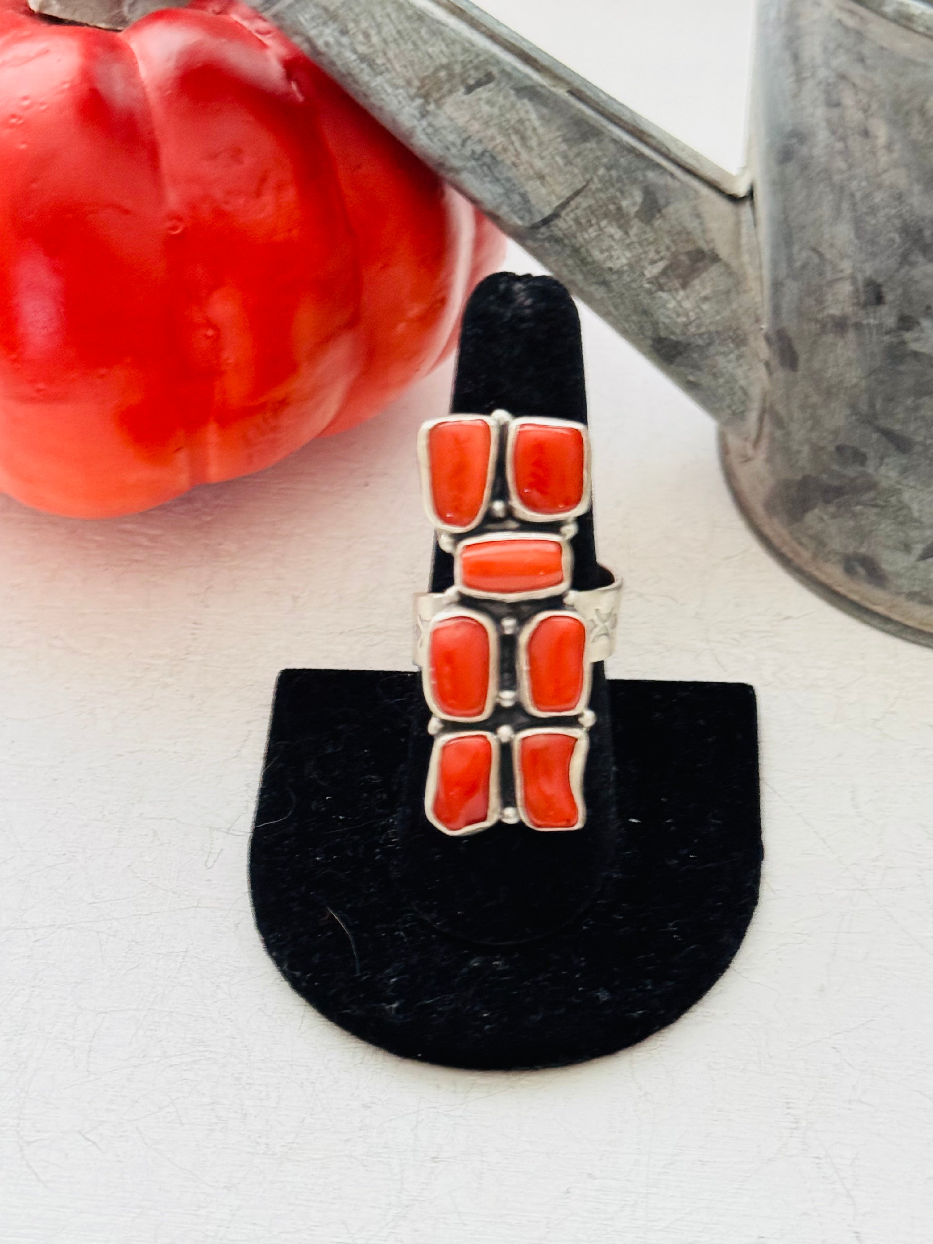 Navajo Made Red Coral & Sterling Silver Adjustable Ring