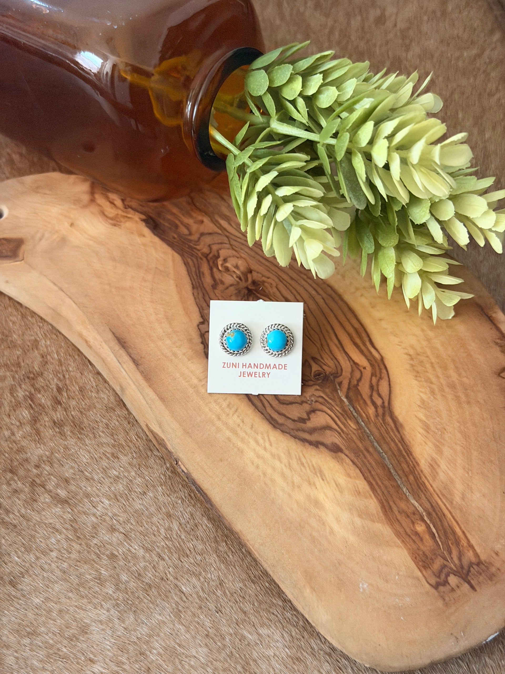 Zuni Made Kingman Turquoise & Sterling Silver Post Earrings
