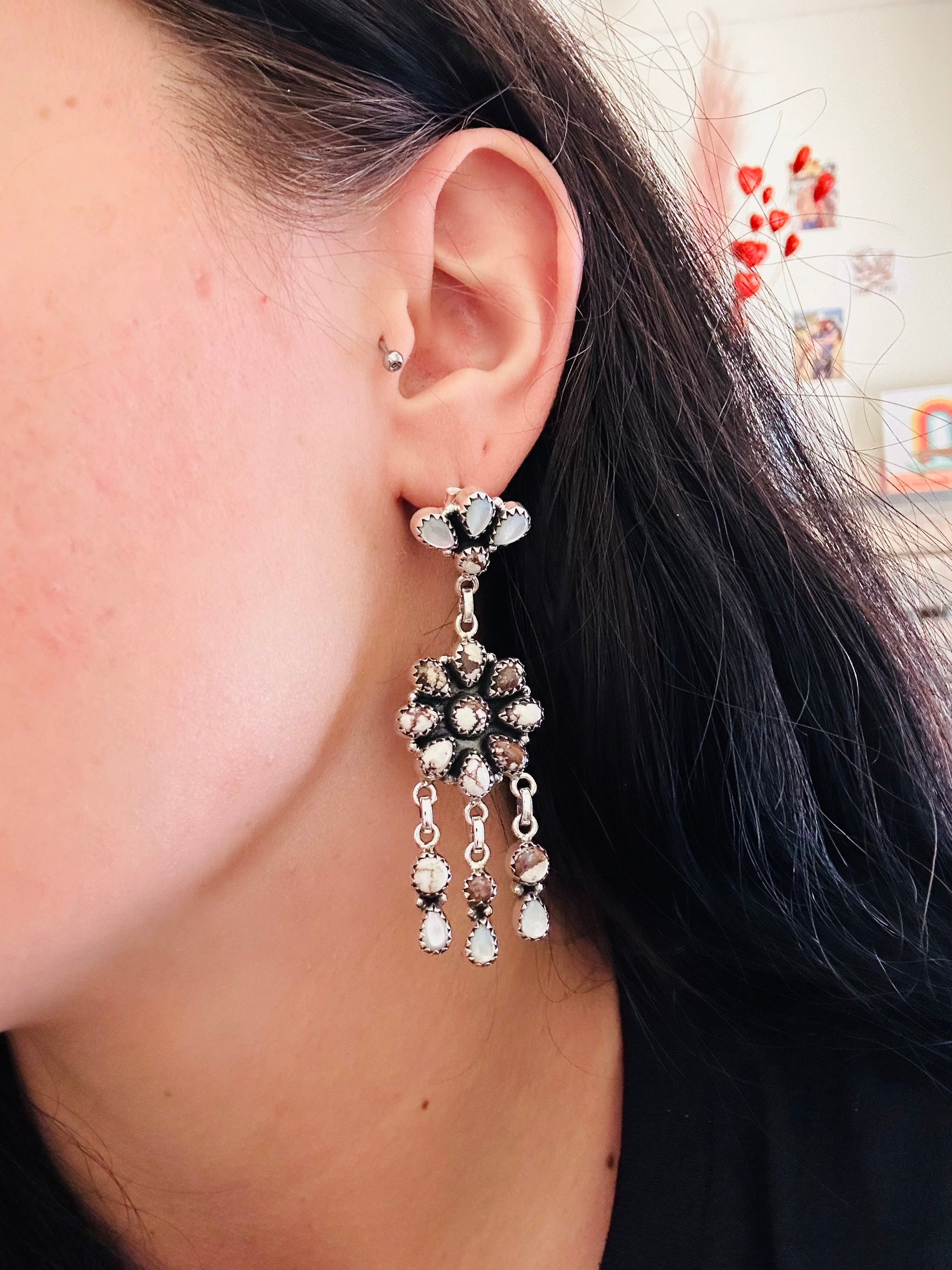 Southwest Handmade Multi Stone & Sterling Silver Post Dangle Earrings