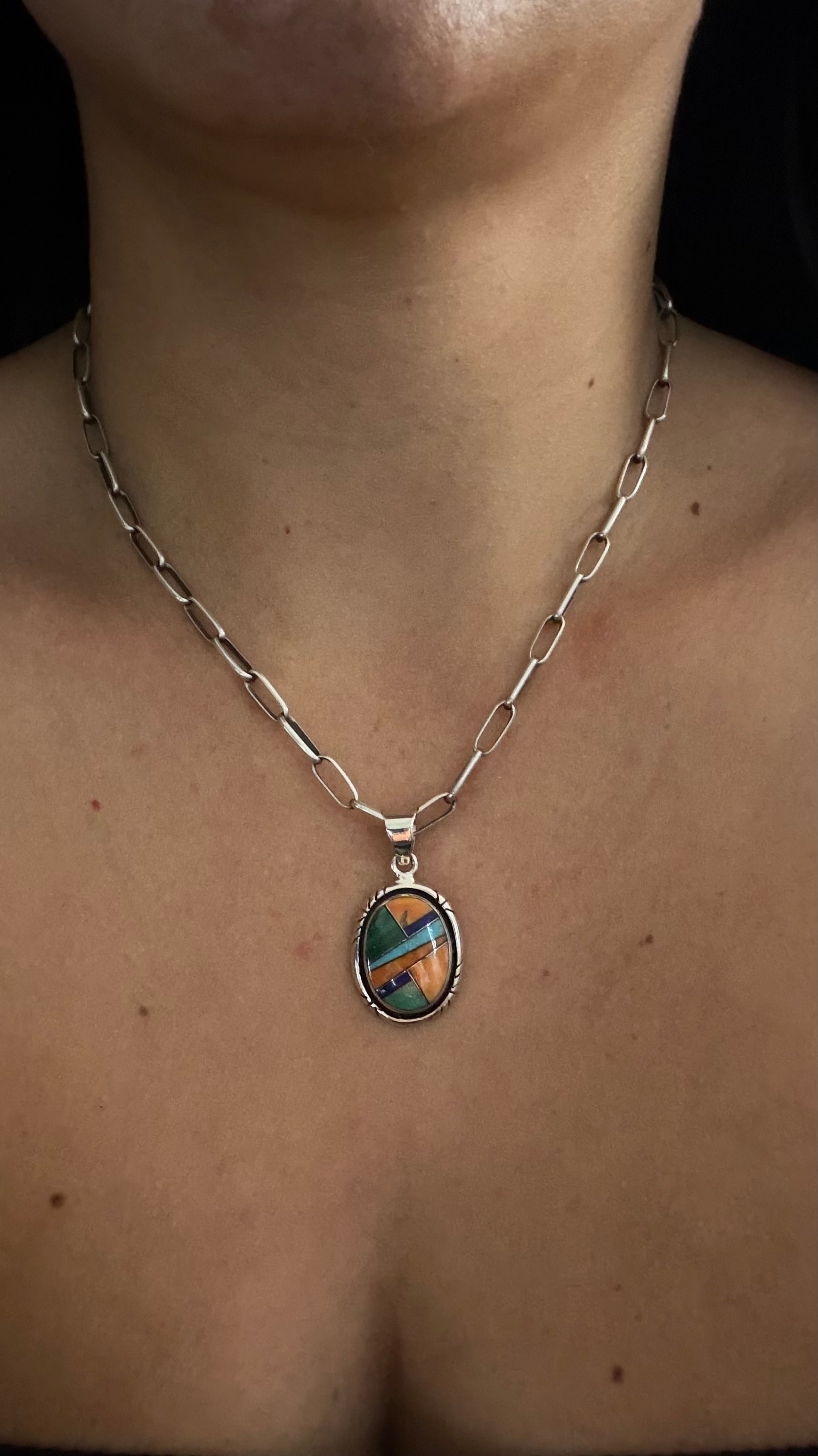Navajo Made Multi Stone & Sterling Silver Inlay Pendant