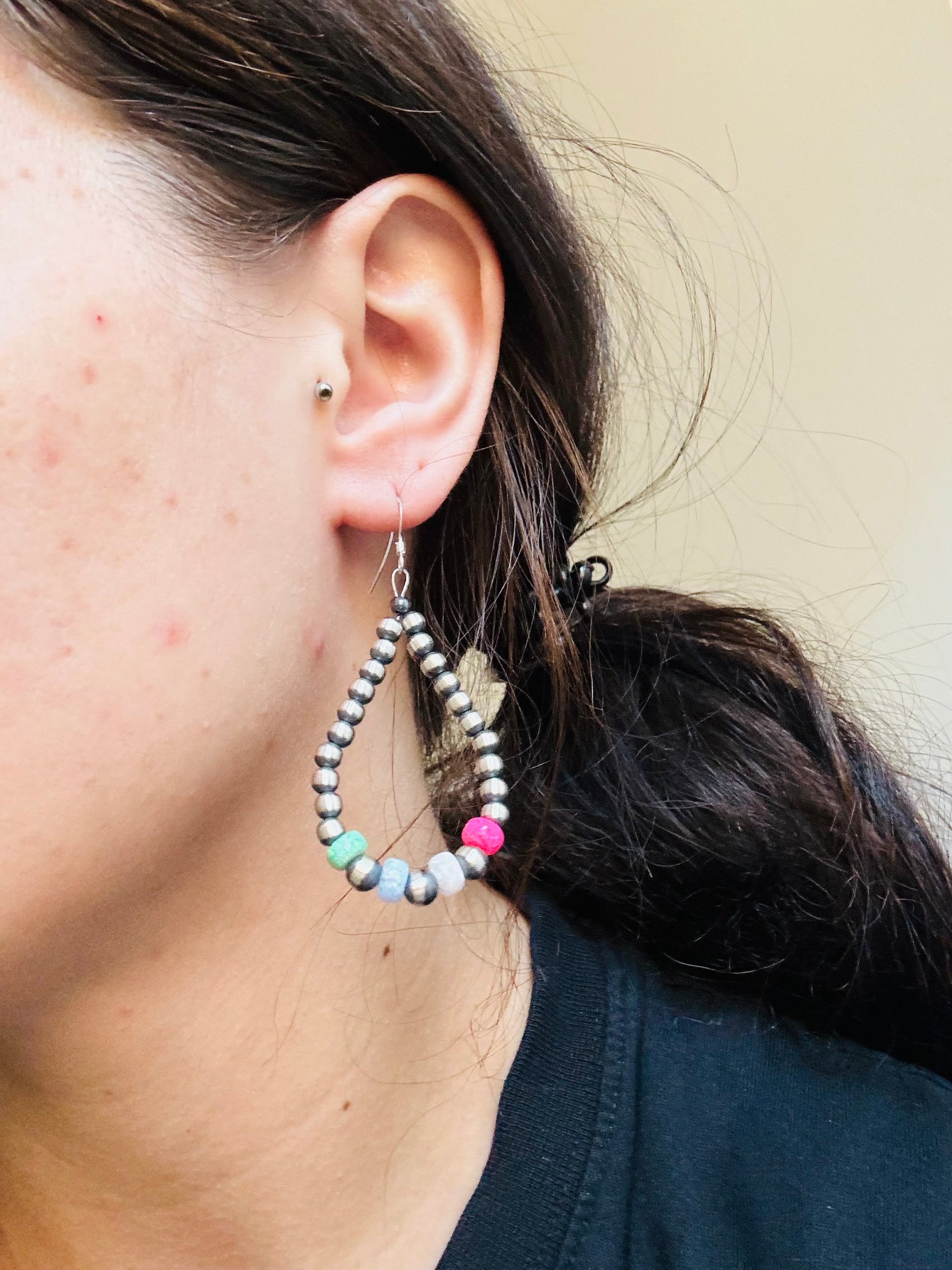 Navajo Strung Opal (Man Made) & Sterling Silver Graduated Pearl Dangle Earrings