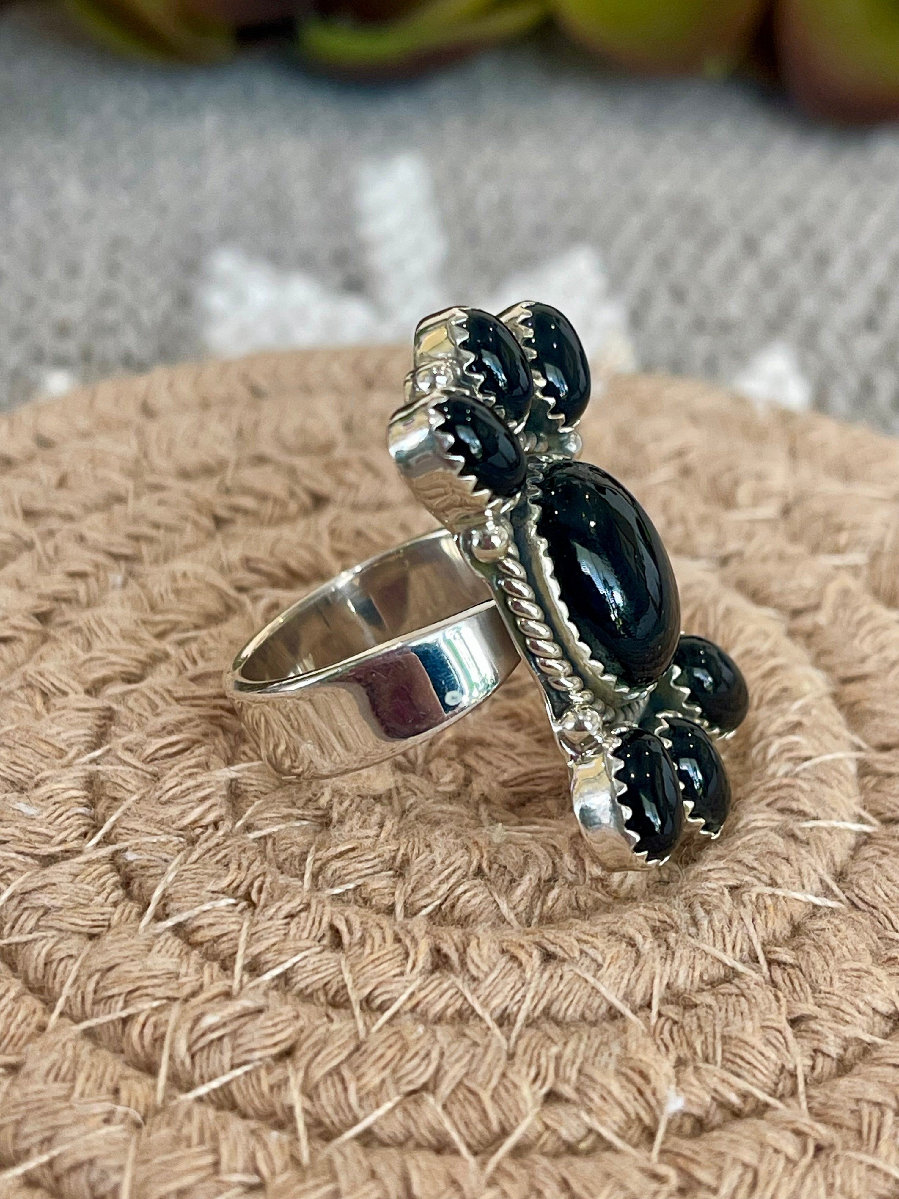 Southwest Handmade Black Onyx & Sterling Silver Adjustable Cluster Ring