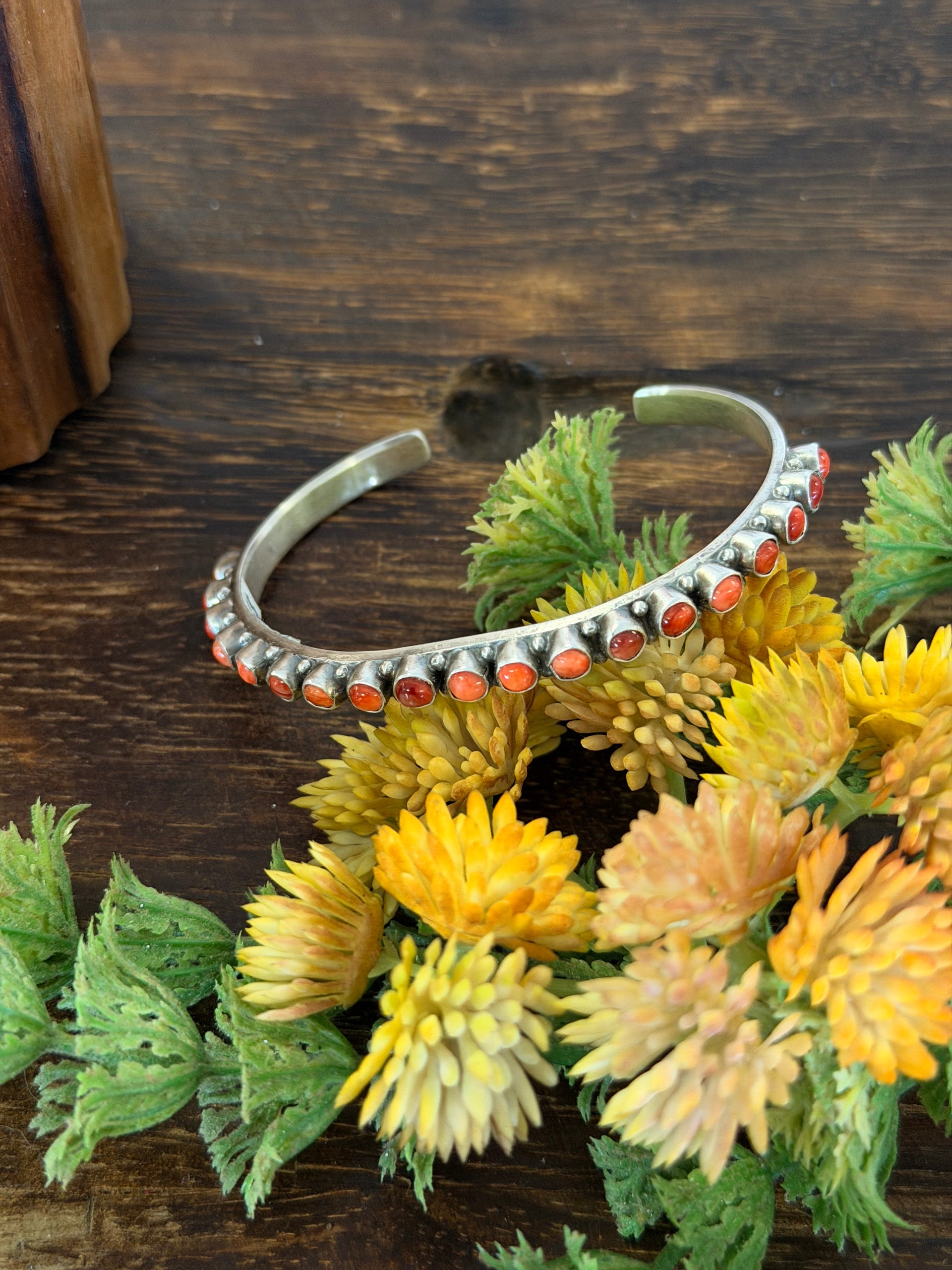 Sheila Tso Red Spiny Oyster & Sterling Silver Cluster Cuff Bracelet