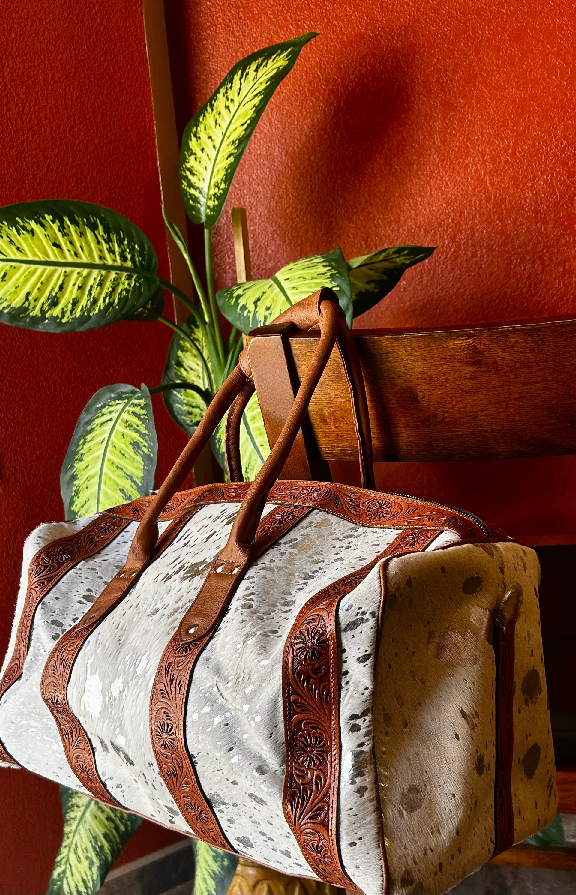 Genuine Tooled Leather Cowhide Duffle Bag