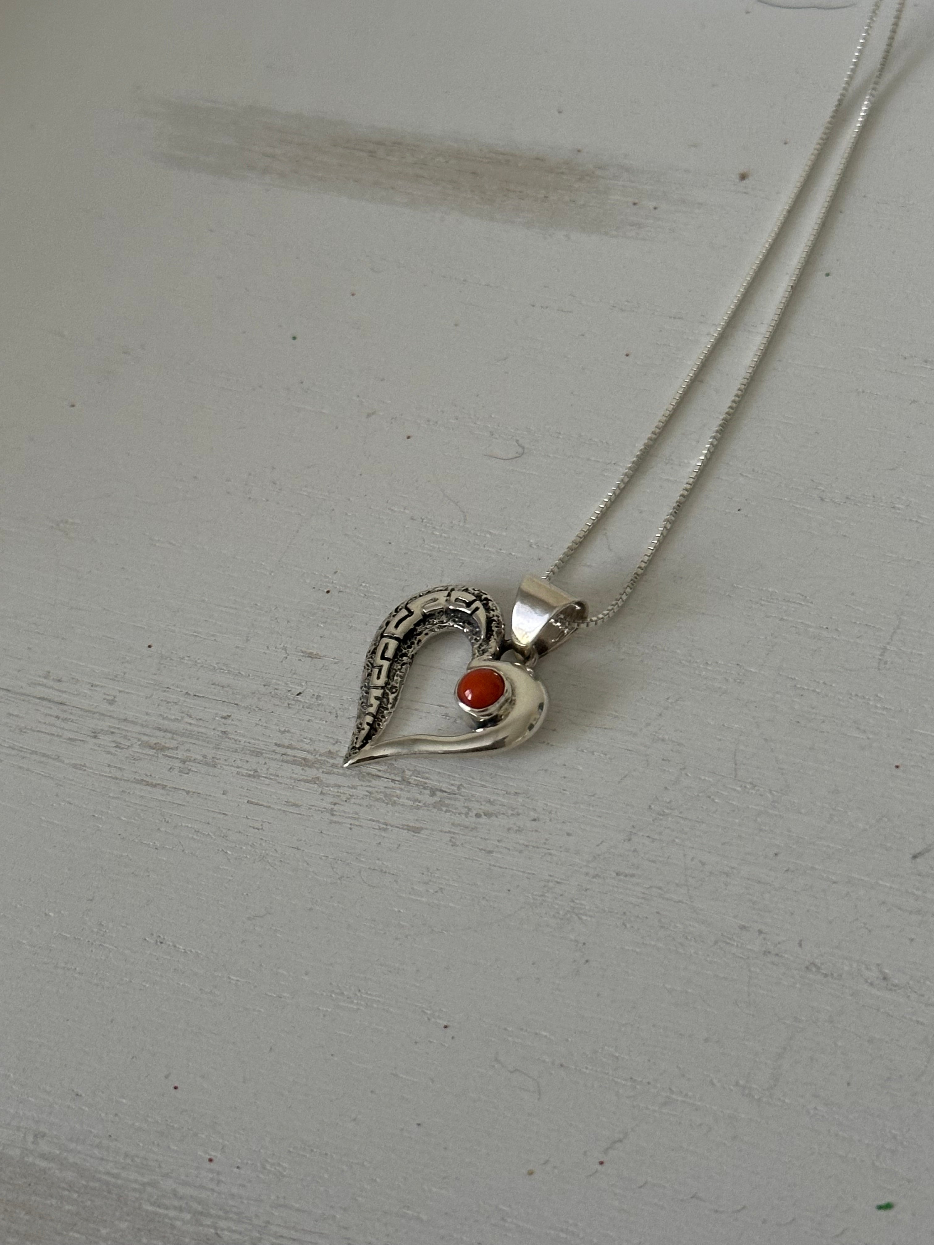 Navajo Made Coral & Sterling Silver Heart Necklace