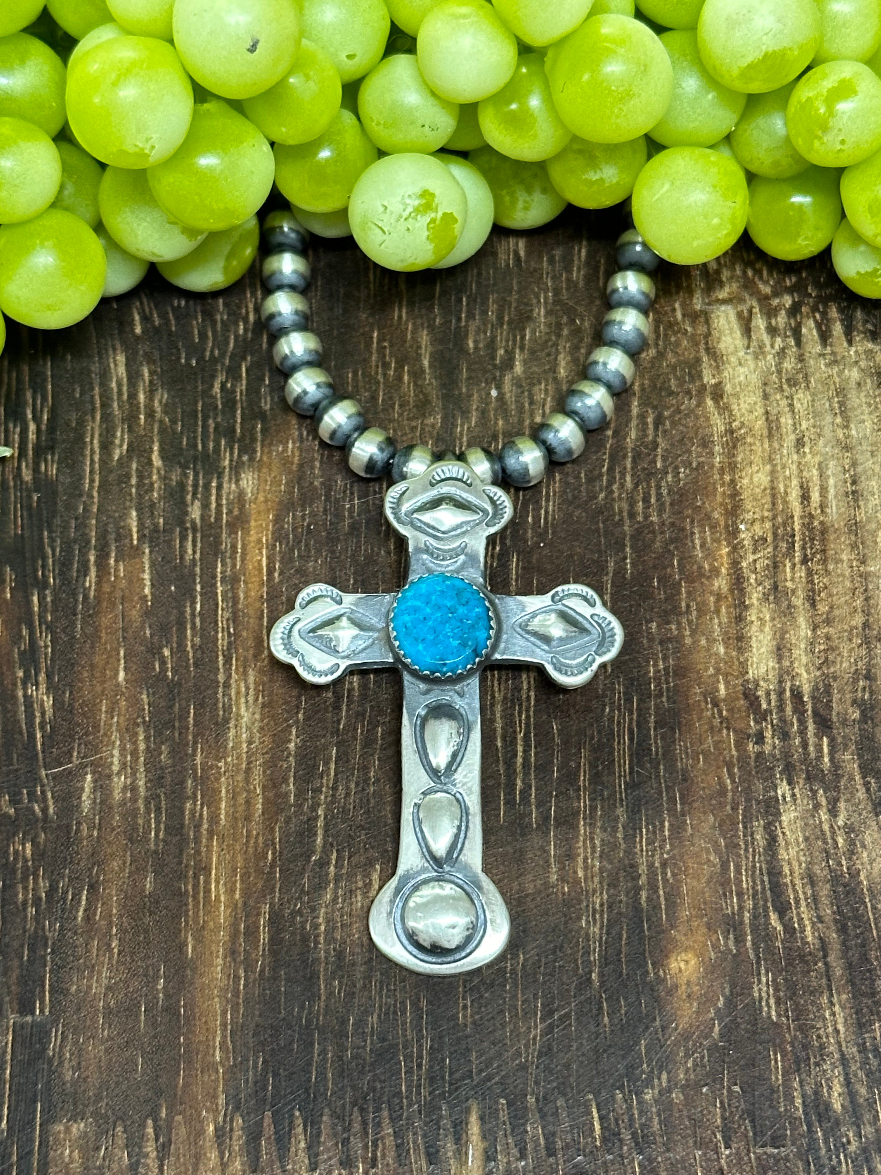 Navajo Made Kingman Turquoise & Sterling Silver Cross Pendant