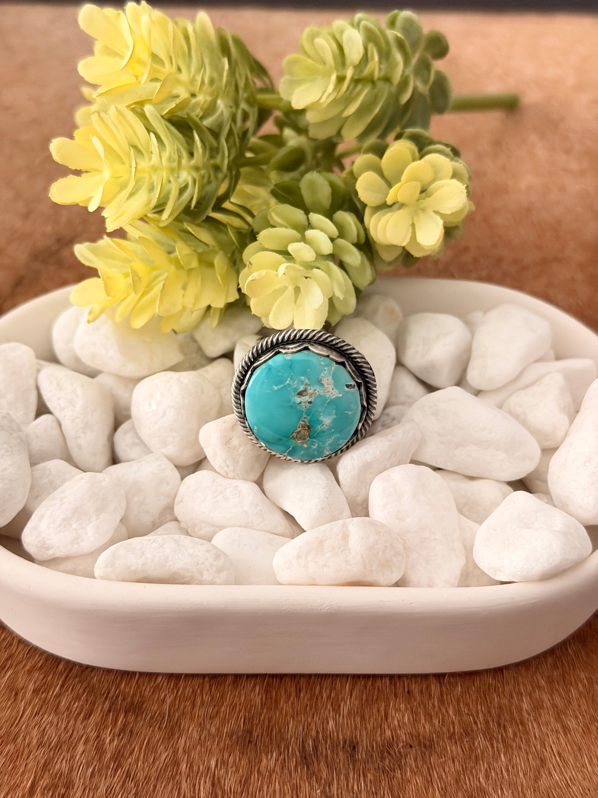 David Benally Carico Lake Turquoise & Sterling Silver Ring Size 6.5