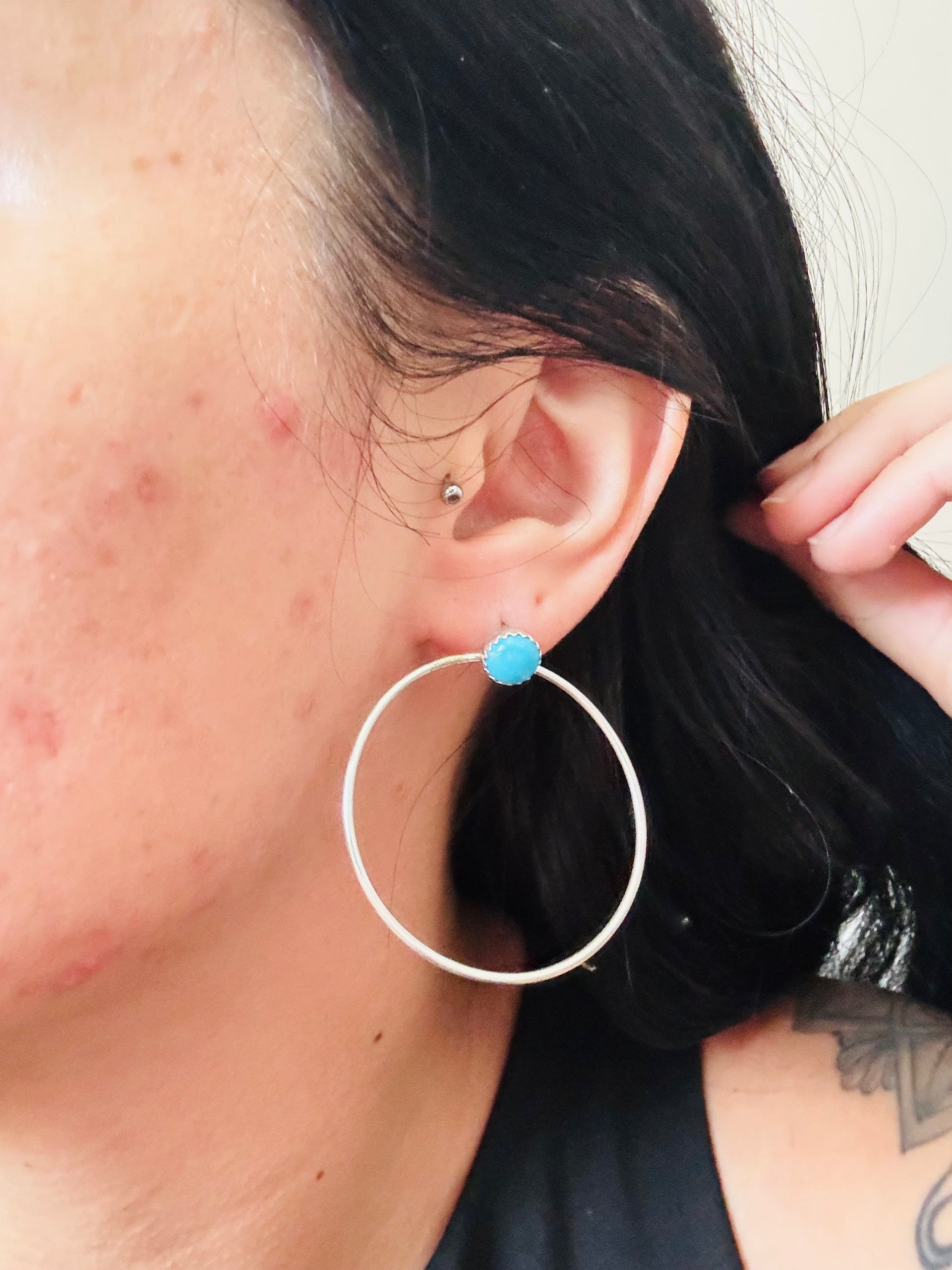 Navajo Made Sleeping Beauty Turquoise & Sterling Silver Post Dangle Hoop Earrings