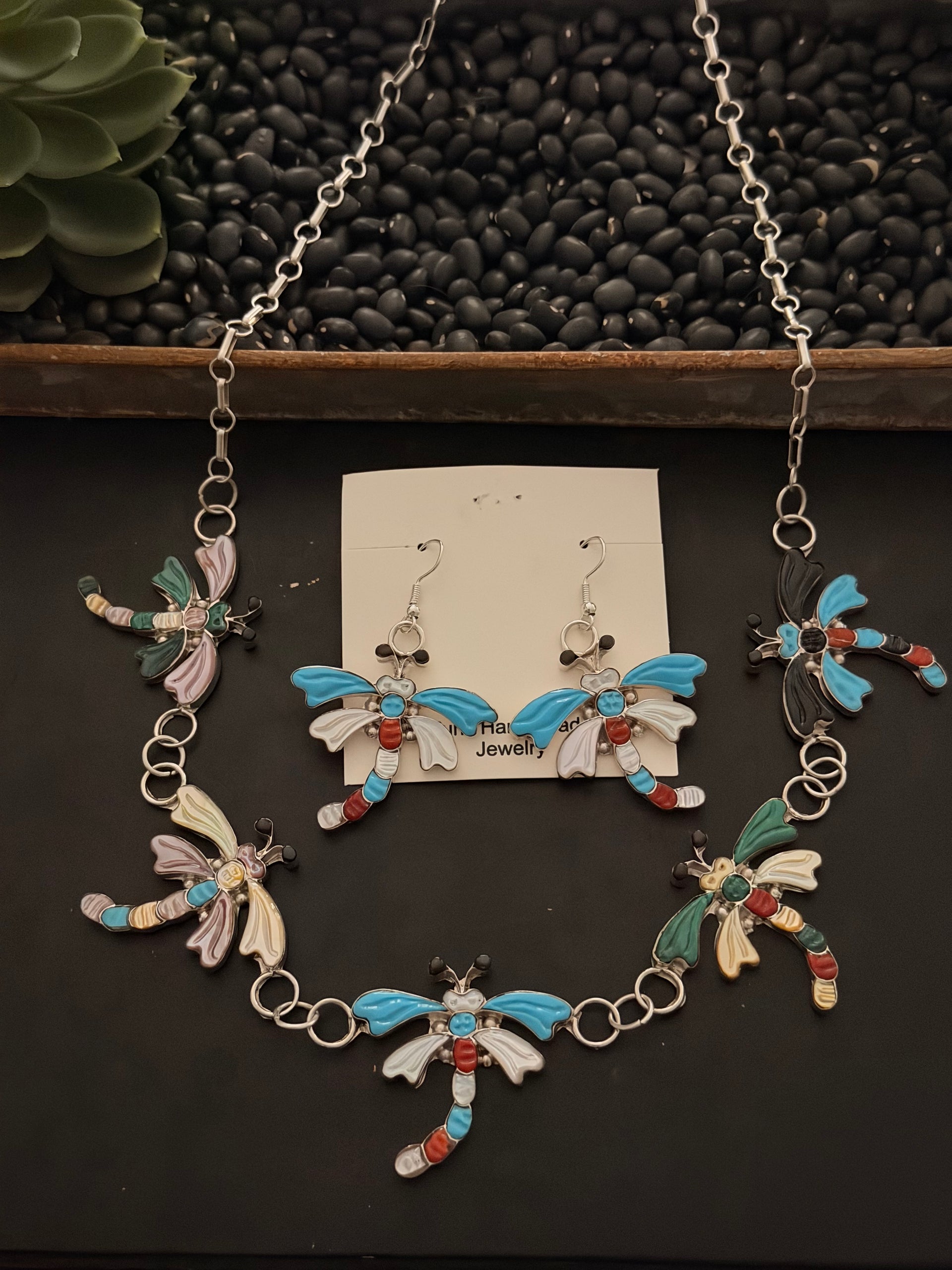 Zuni Made Zuni Multi Stone & Sterling Silver Dragonfly Necklace Set