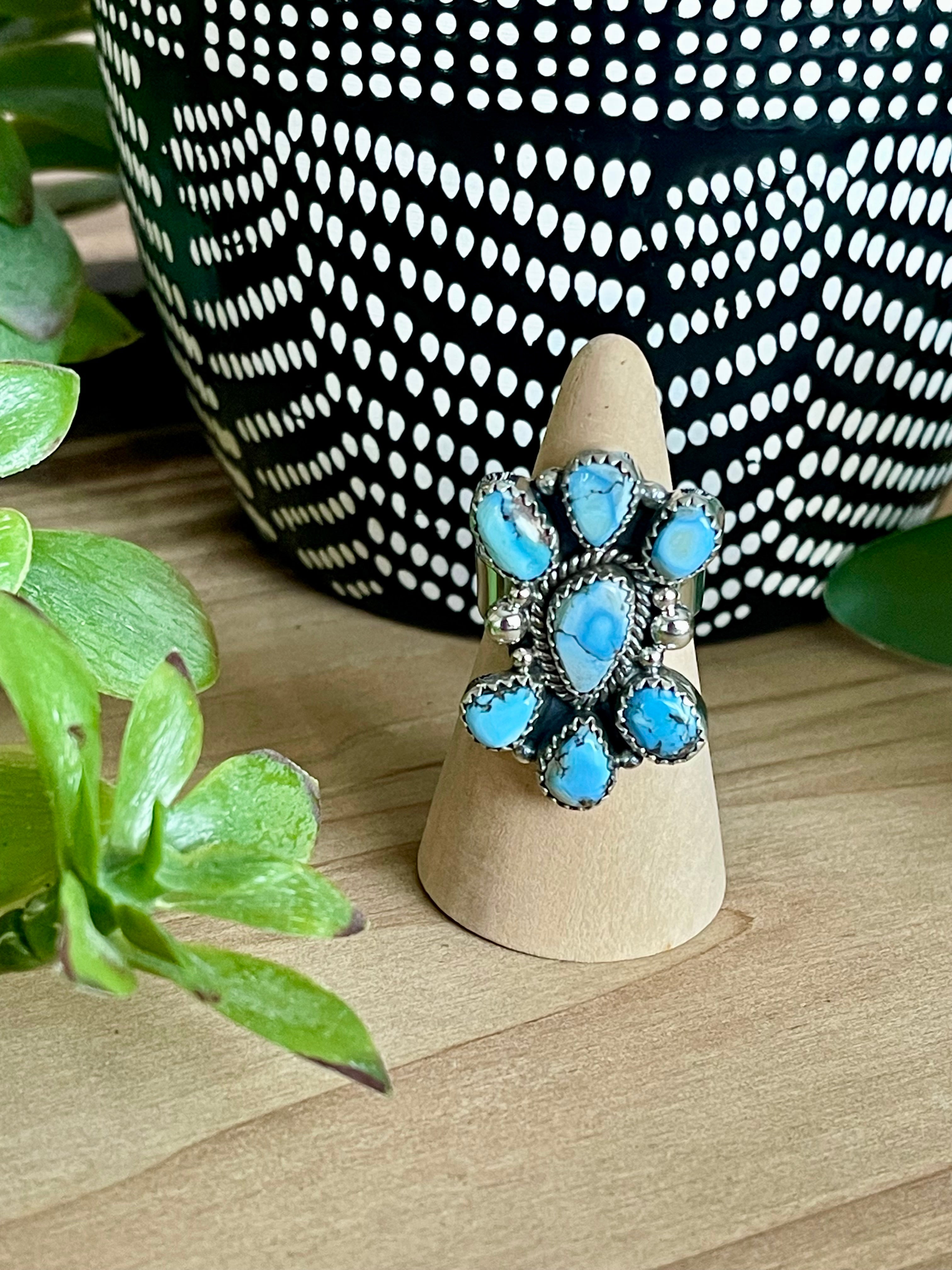 Southwest Handmade Golden Hills Turquoise & Sterling Silver Adjustable Cluster Ring