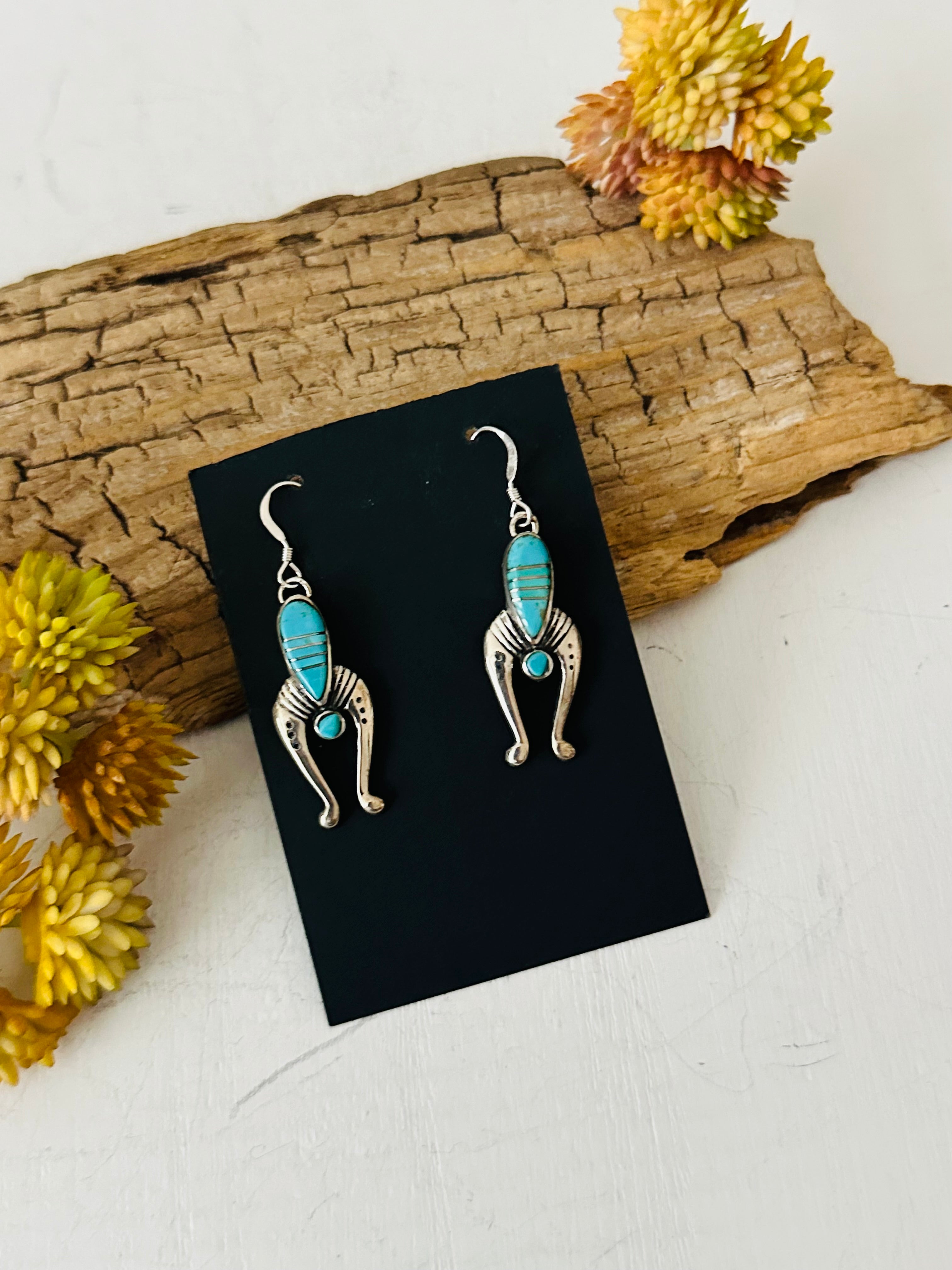 Navajo Made Turquoise & Sterling Silver Inlay Dangle Earrings