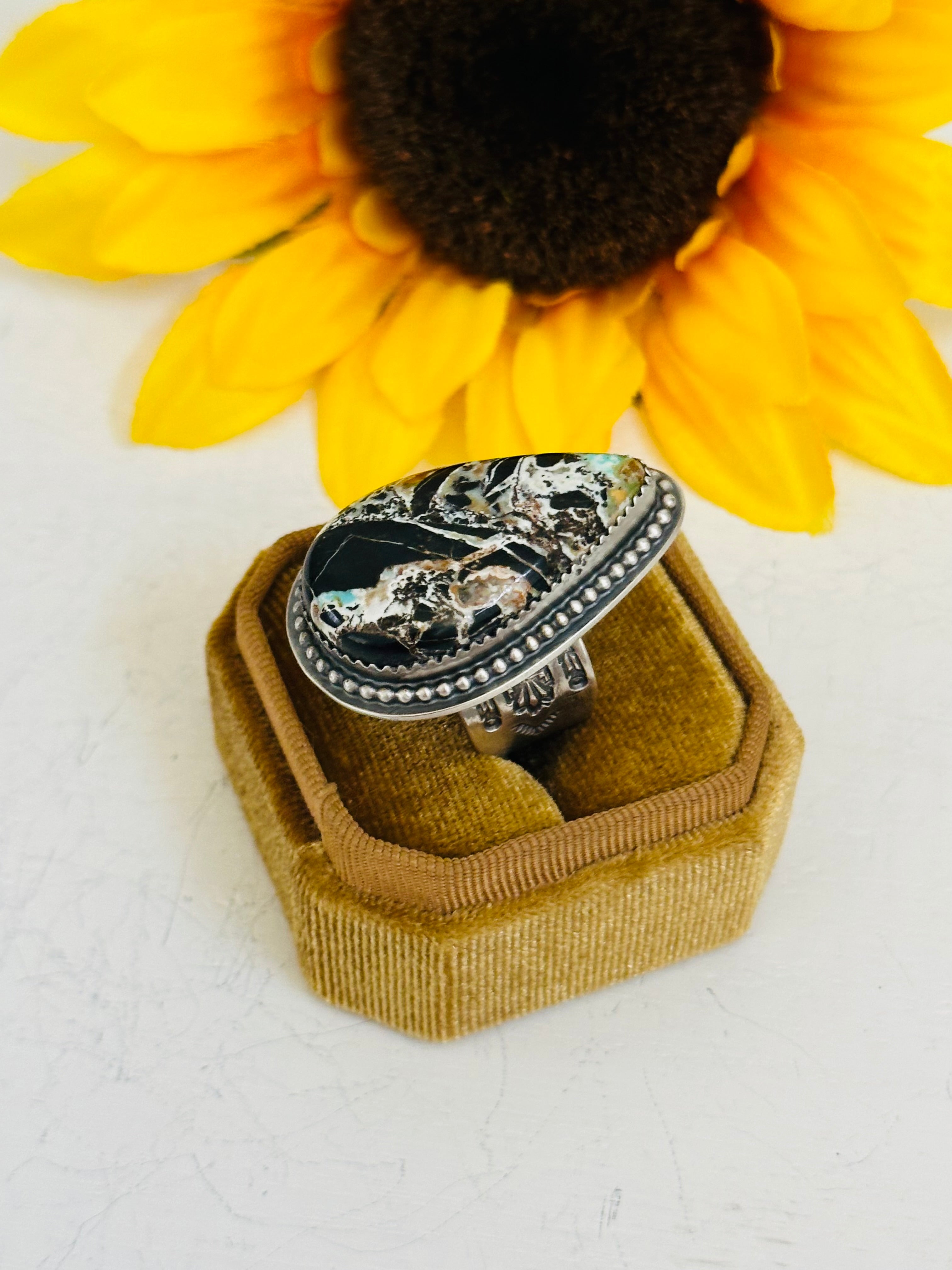 Navajo Made Black Jack Turquoise & Sterling Silver Ring Size 7.5