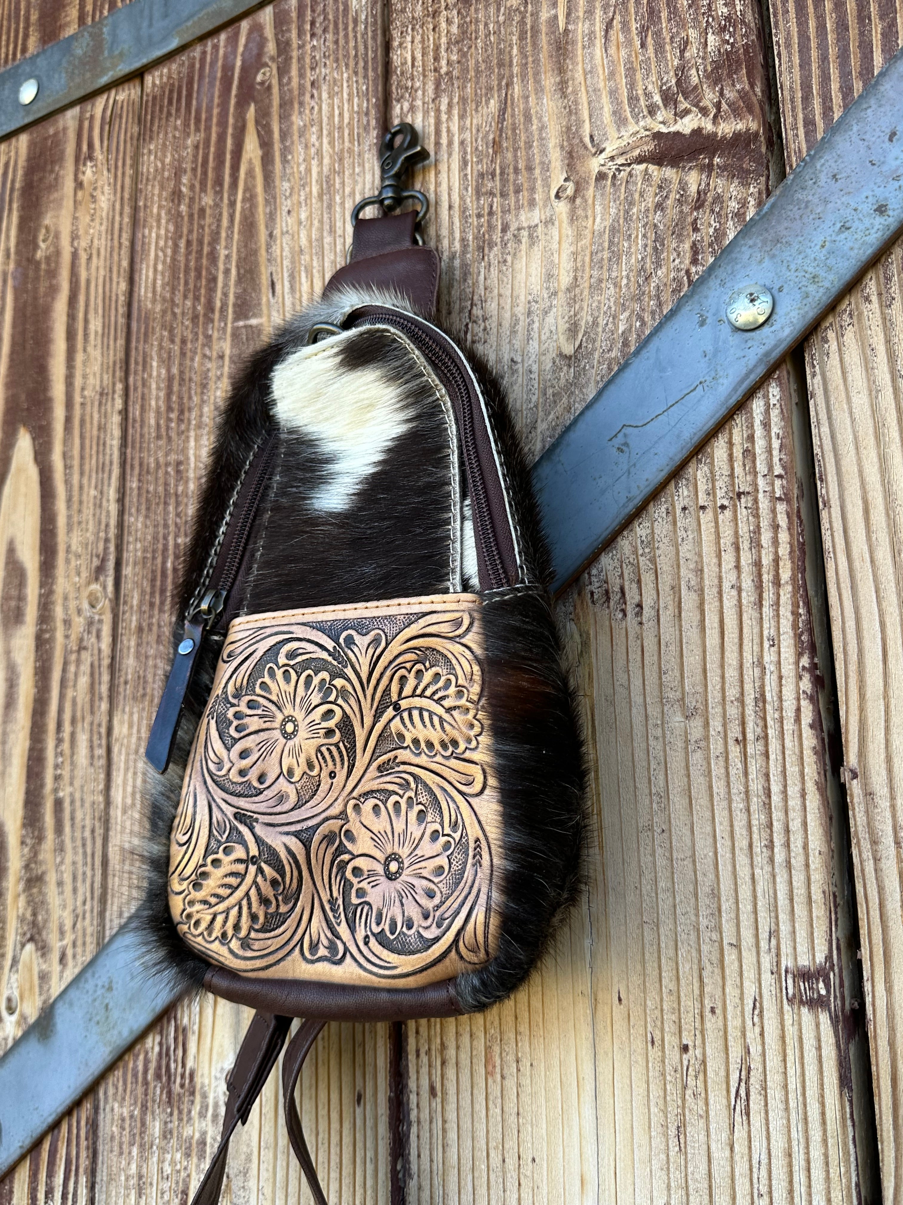 Genuine Tooled Leather & Cowhide Cross Body Purse/Pack