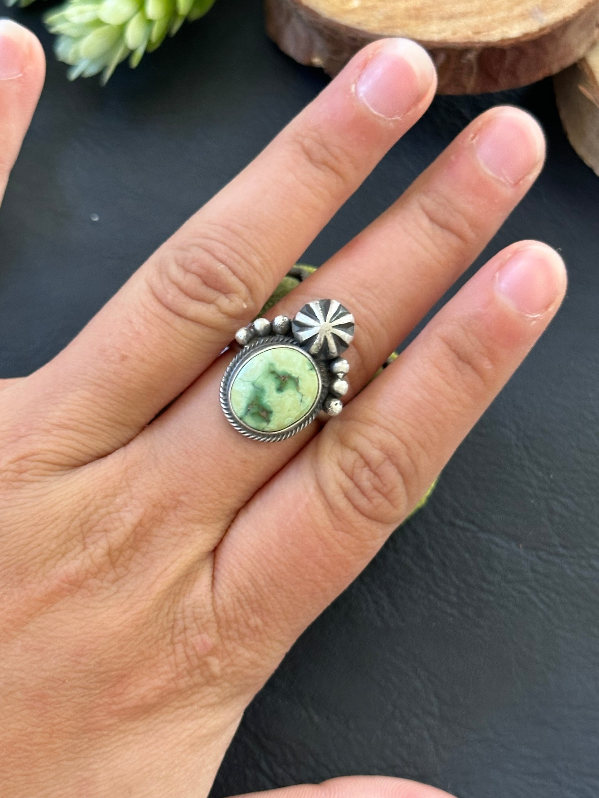 Marie Tsosie Sonoran Gold Turquoise & Sterling Silver Ring Size 7.5