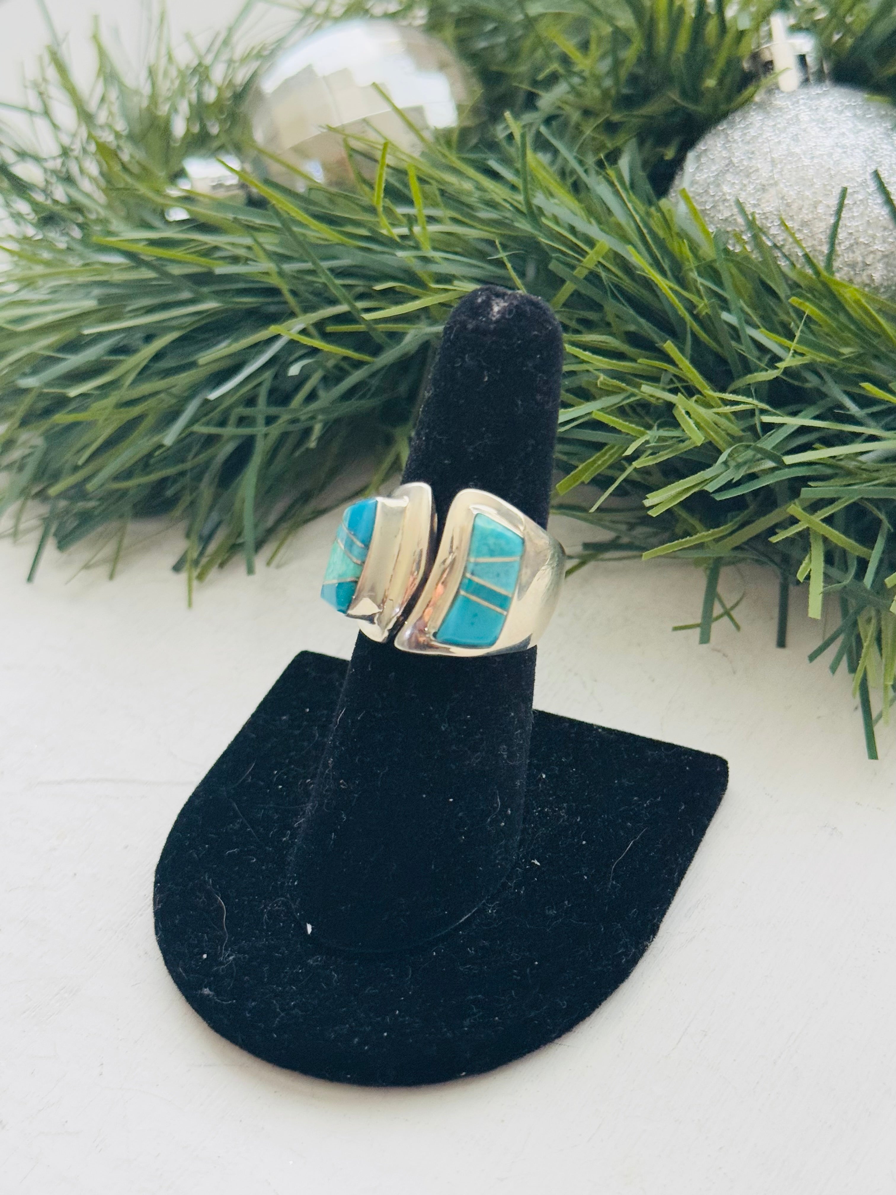 Navajo Made Kingman Turquoise & Sterling Silver Adjustable Inlay Ring