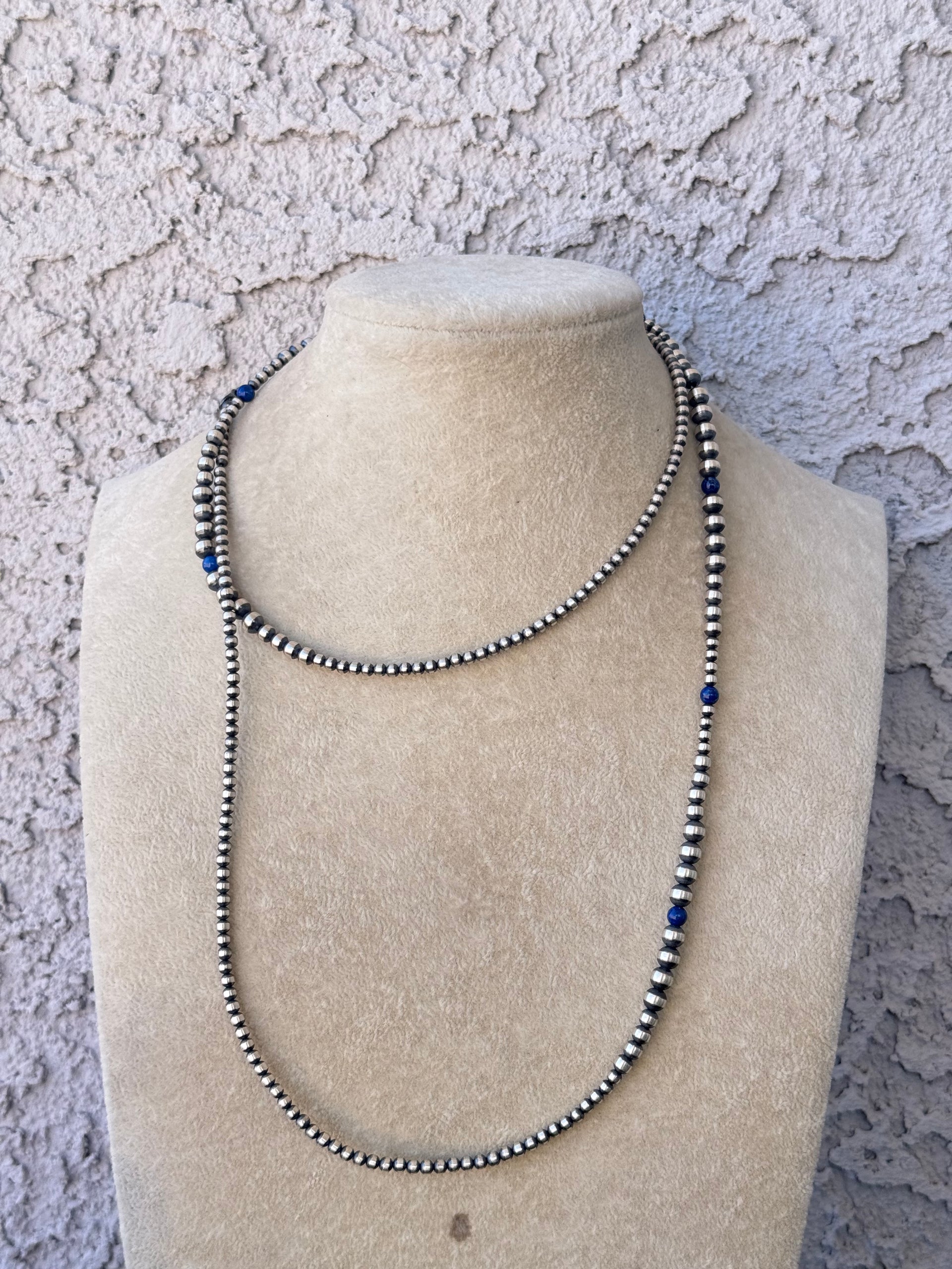 Navajo Strung Lapis & Sterling Silver Graduated Pearl Necklace