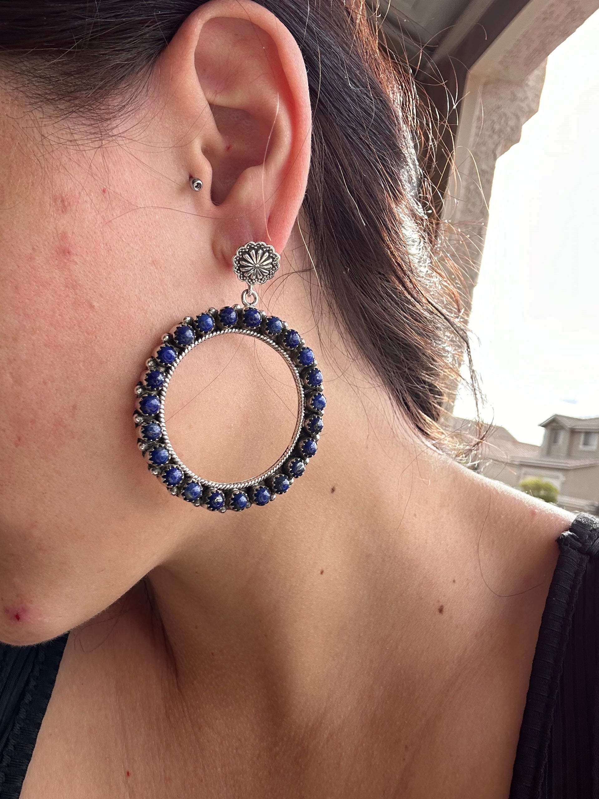 Southwest Handmade Lapis & Sterling Silver Post Dangle Cluster Earrings