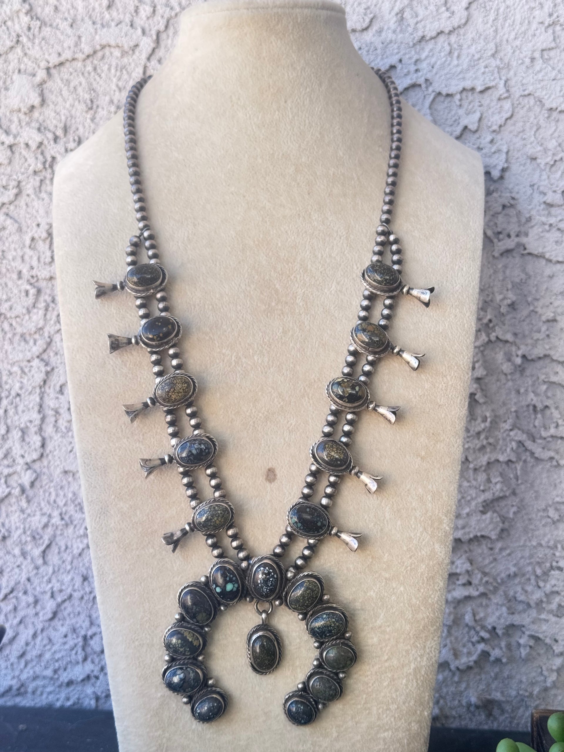 Navajo Made New Lander Variscite & Sterling Silver Squash Blossom Necklace Set.