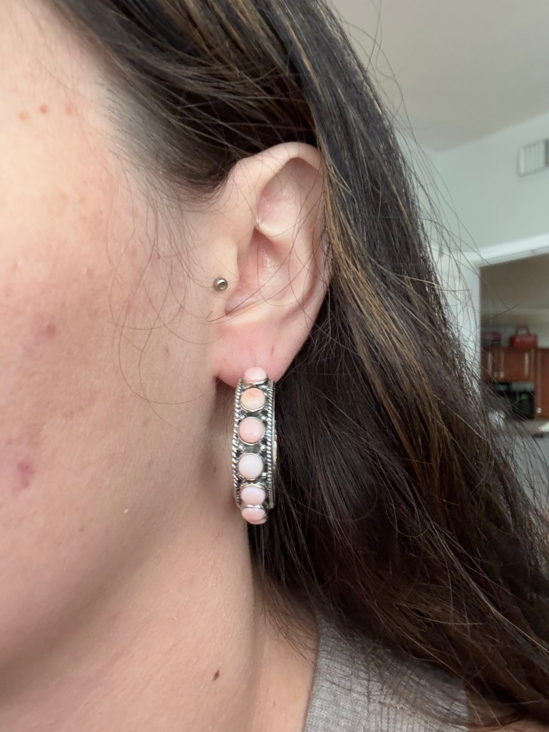 Navajo Made Pink Conch & Sterling Silver Hoop Earrings