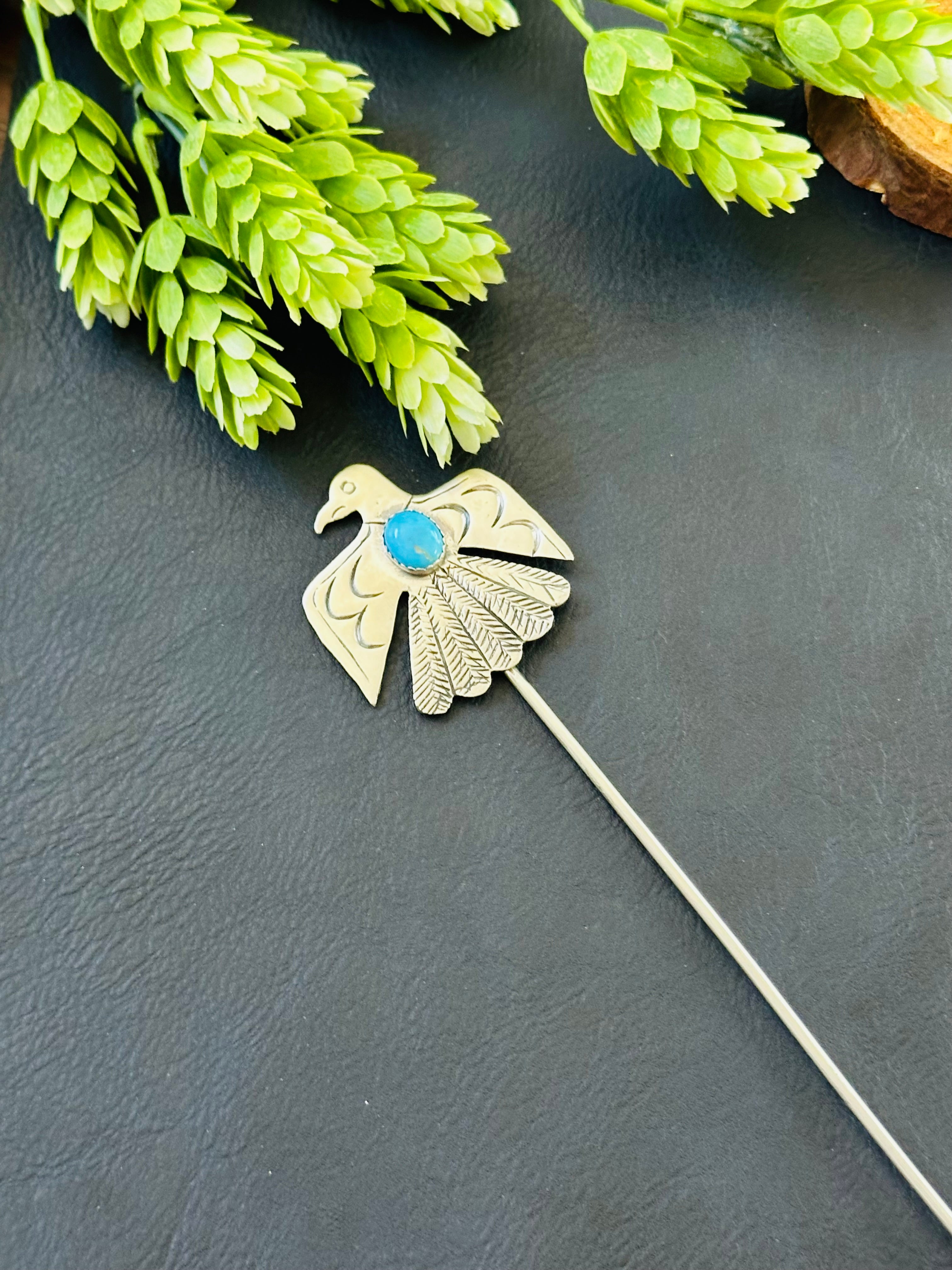 Navajo Handmade Kingman & Sterling Silver Thunderbird Hair Pin