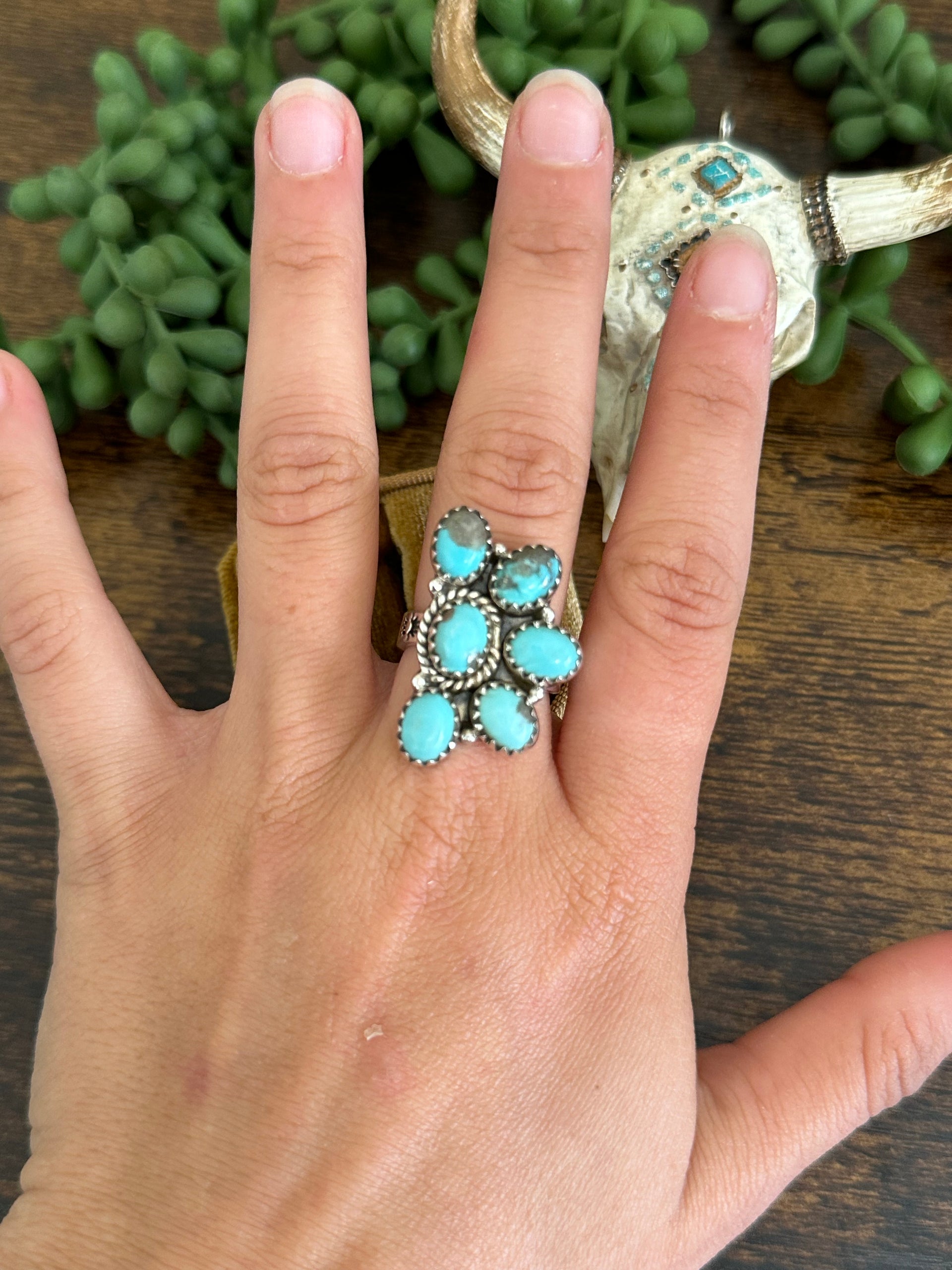 Southwest Handmade Kingman Turquoise & Sterling Silver Adjustable Cluster Ring