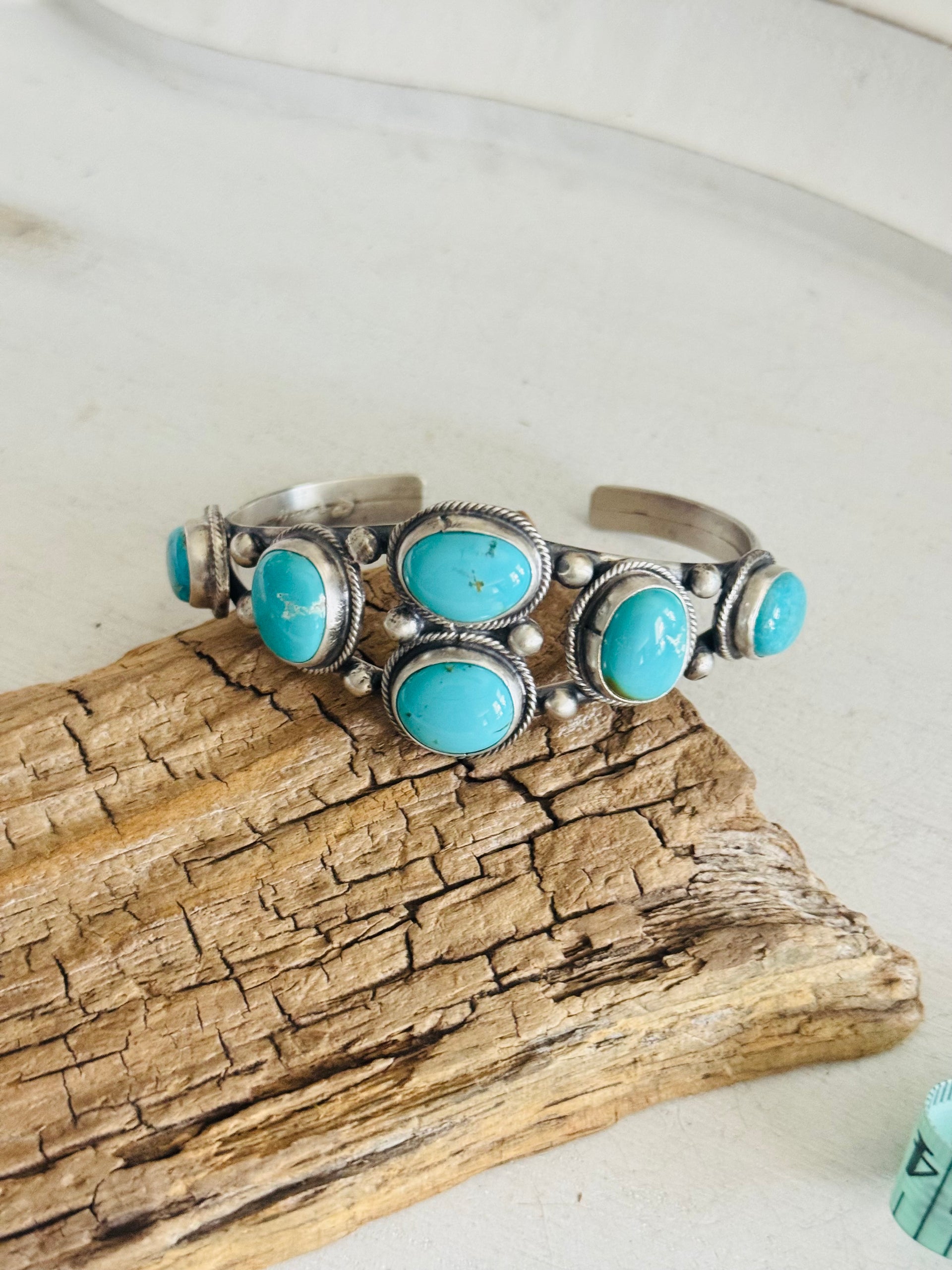 Bobby Johnson Kingman Turquoise & Sterling Silver Cluster Cuff Bracelet