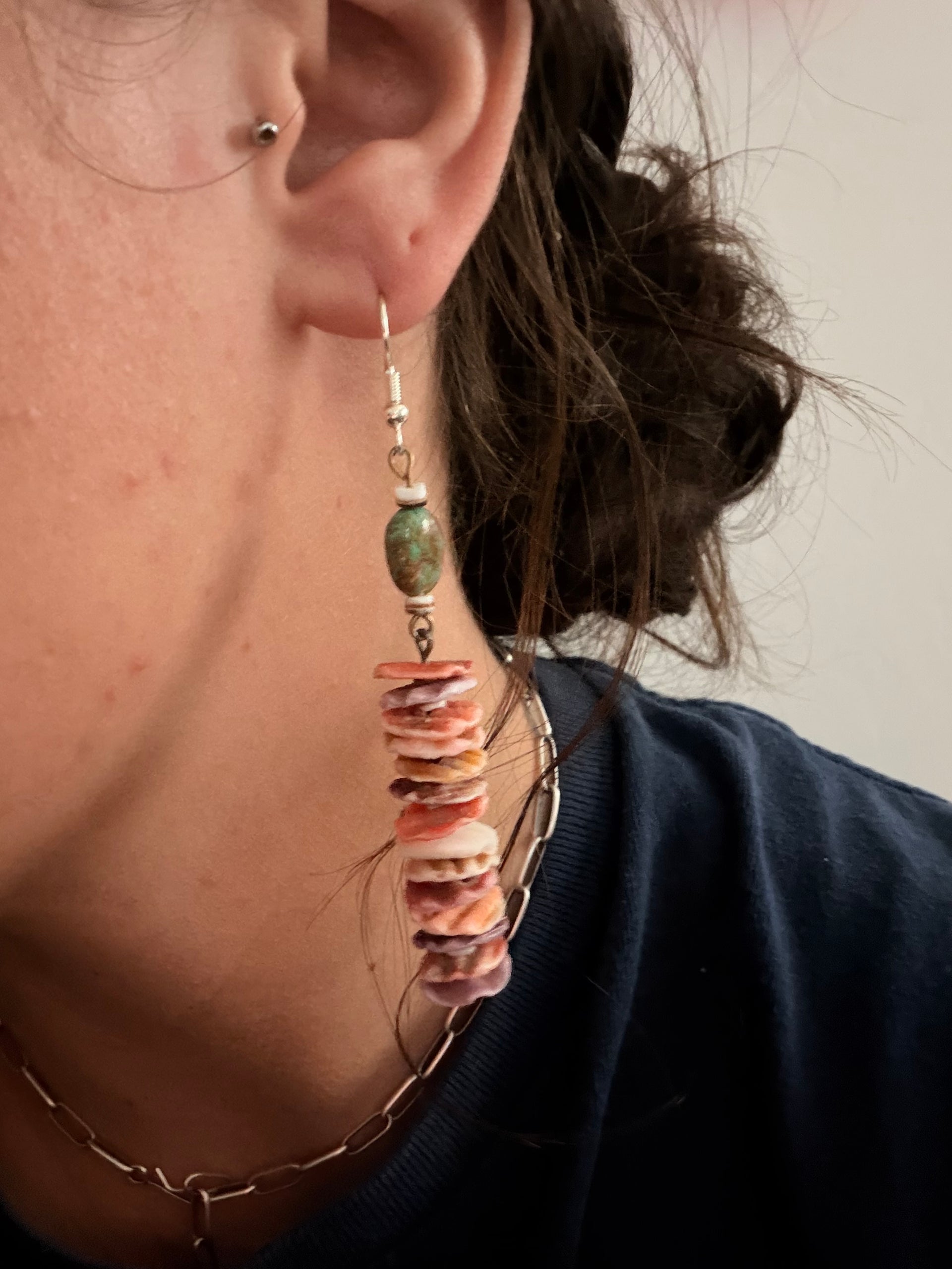 Navajo Made Multi Stone & Sterling Silver Dangle Beaded Earrings