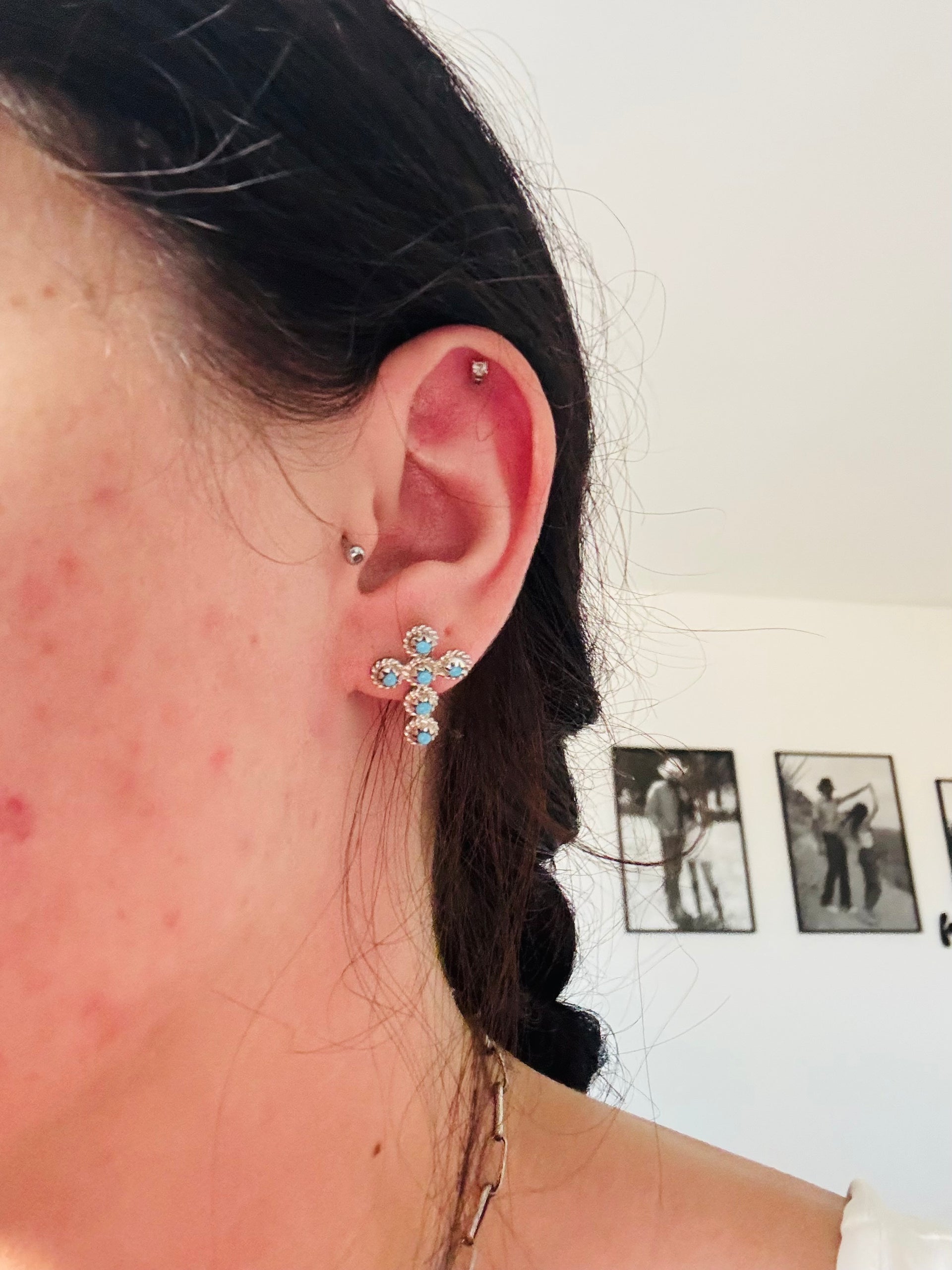 Bernadette Nakatewa Turquoise & Sterling Silver Post Cross Cluster Earrings