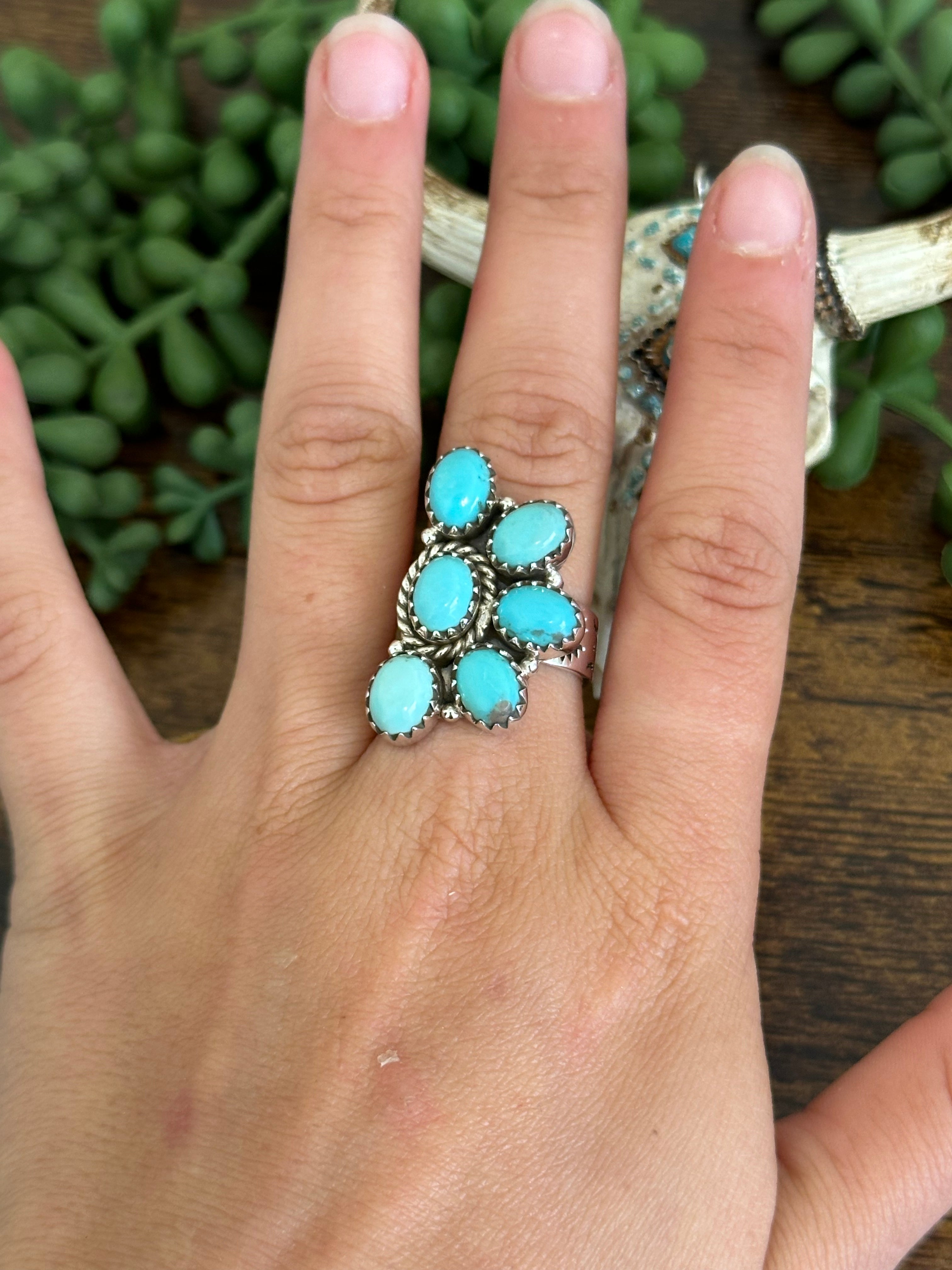 Southwest Handmade Kingman Turquoise & Sterling Silver Adjustable Cluster Ring