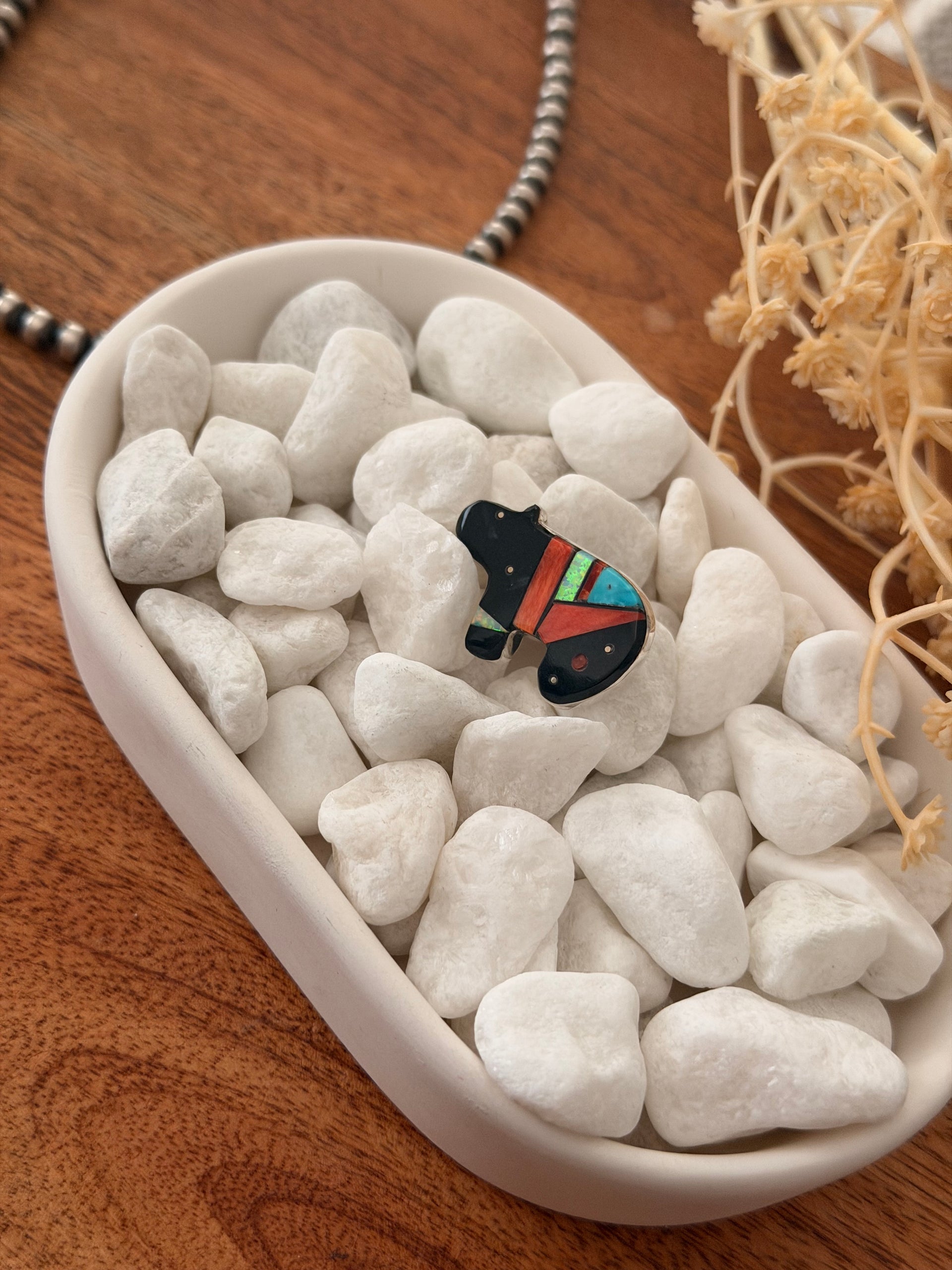 Navajo Made Multi Stone & Sterling Silver Inlay Bear Pin