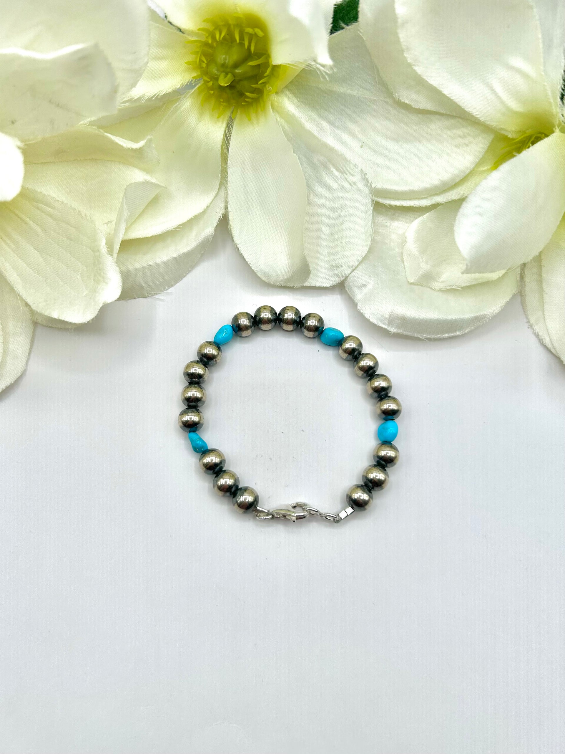Navajo Made Strung 8 MM Sleeping Beauty Turquoise & Sterling Silver Link Bracelet