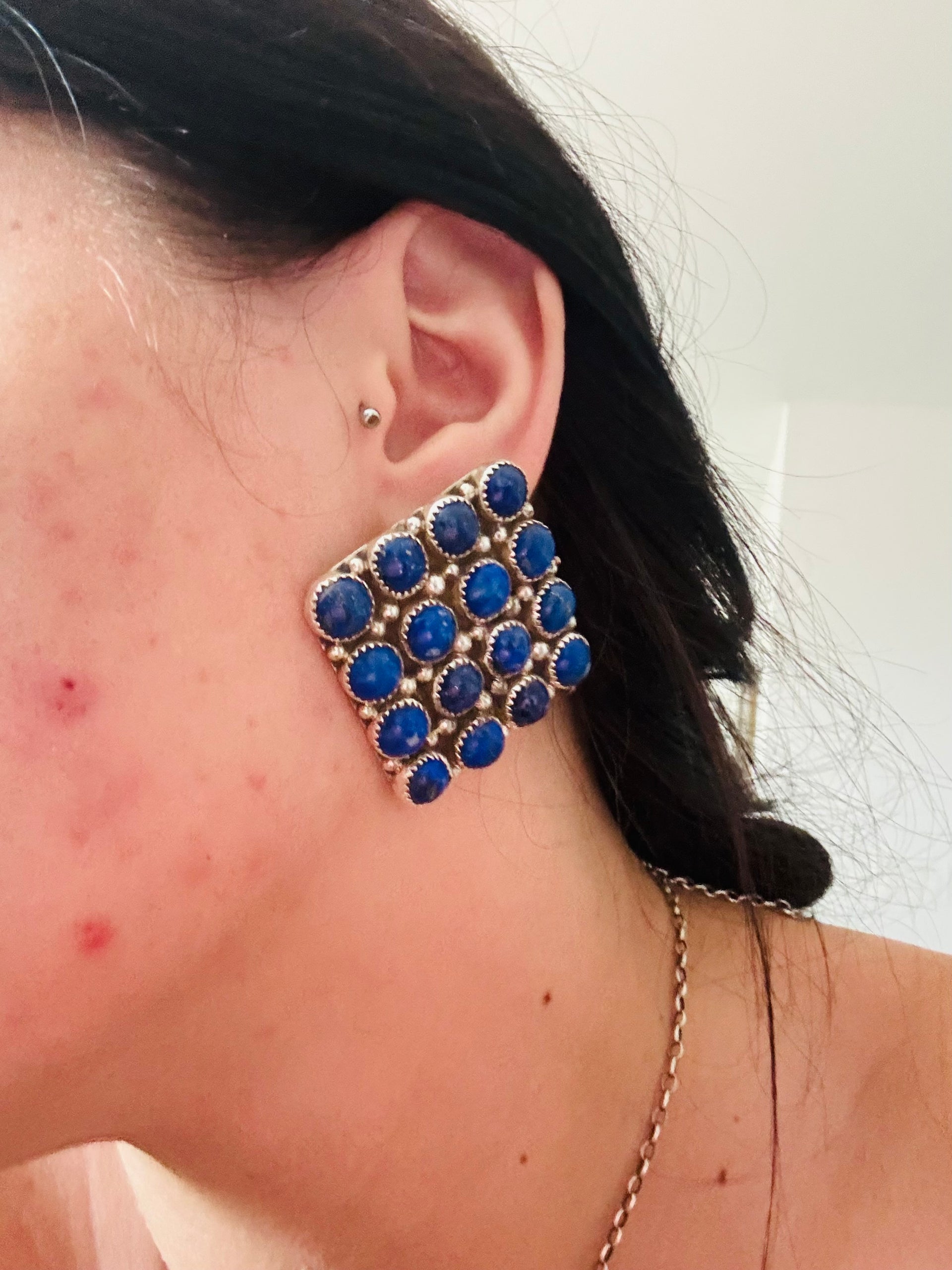 Navajo Made Lapis & Sterling Silver Post Dangle Cluster Earrings