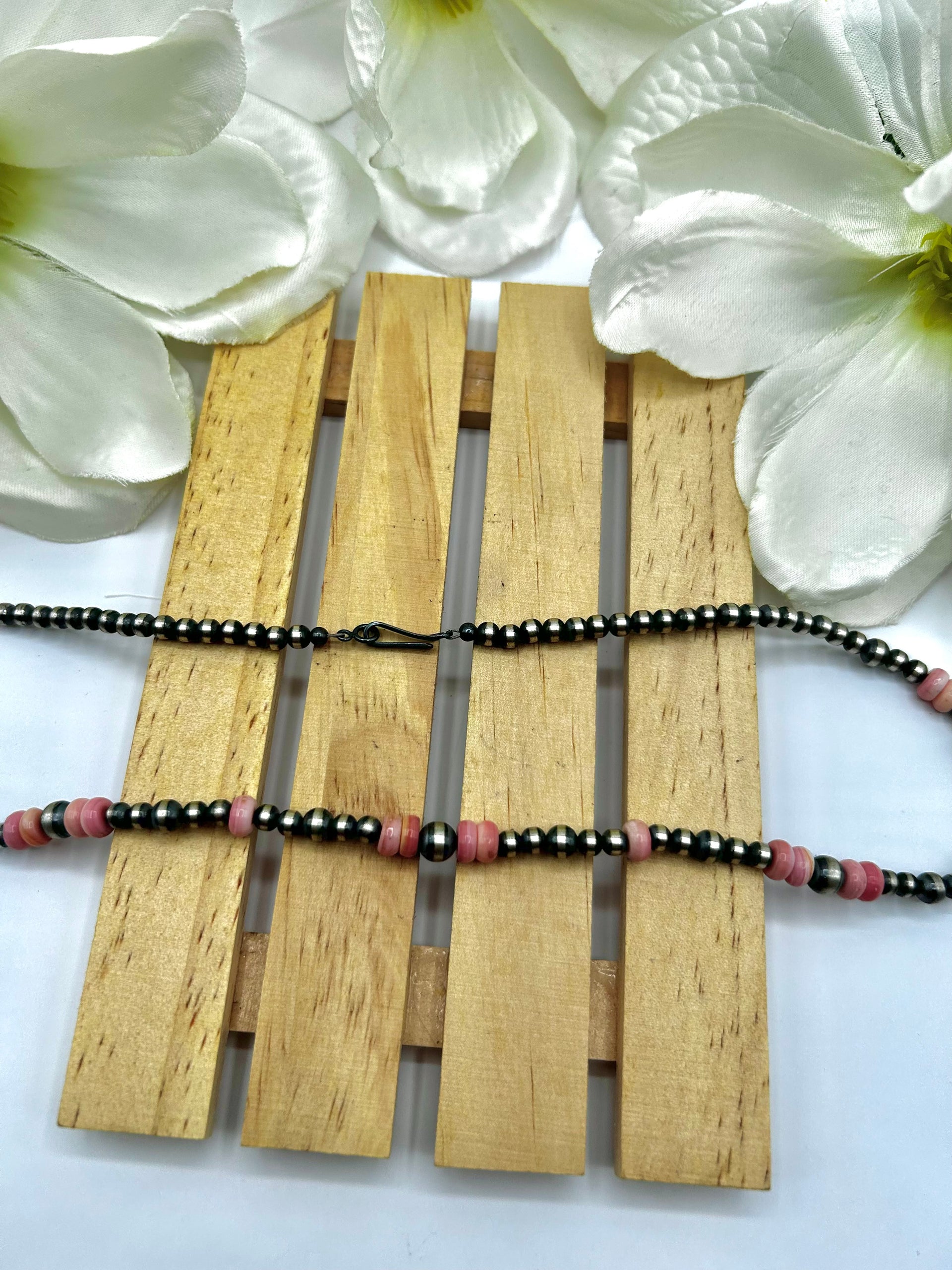 Navajo Made Strung Pink Conch & Sterling Silver Necklace