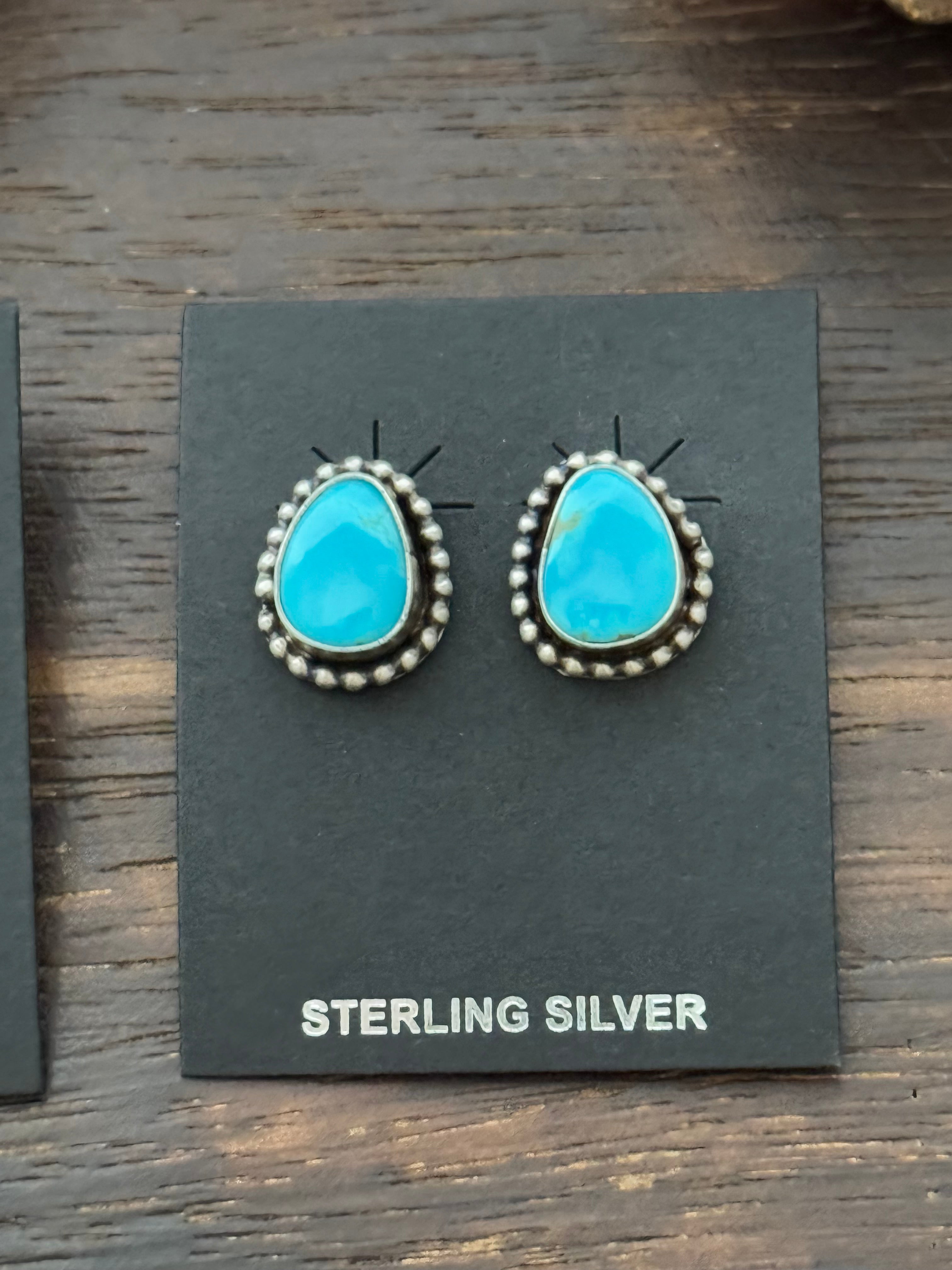 Navajo Made Kingman Turquoise & Sterling Silver Post Earrings