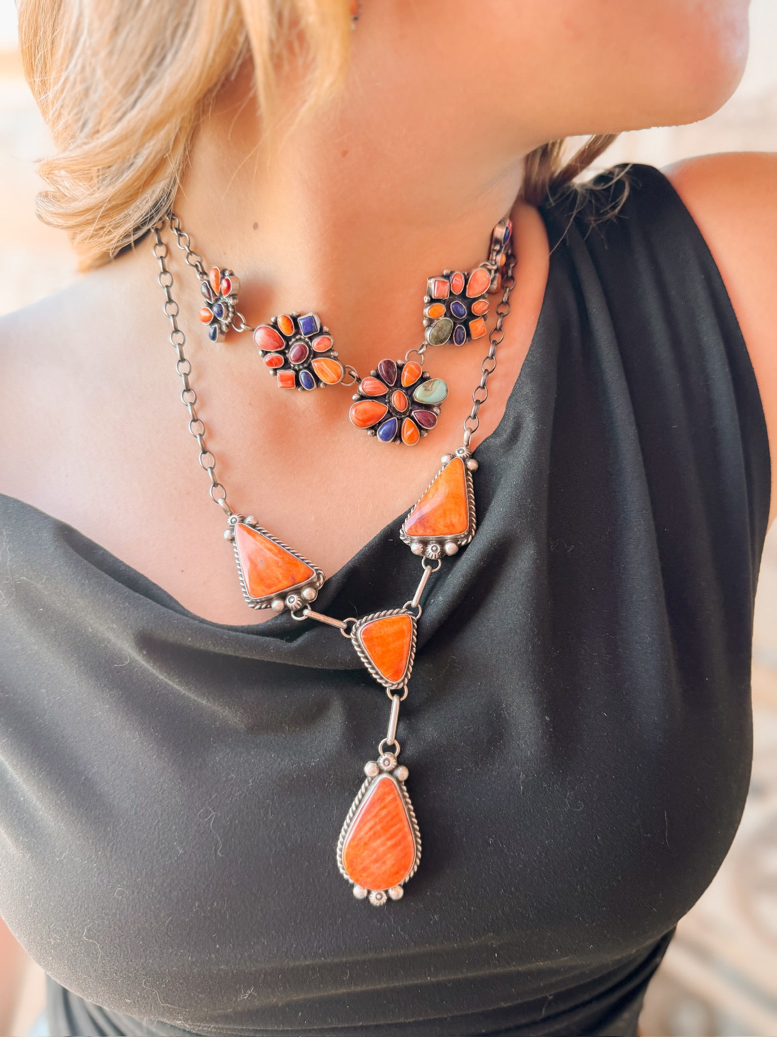 Sheila Becenti Multi Stone & Sterling Silver Cluster Necklace