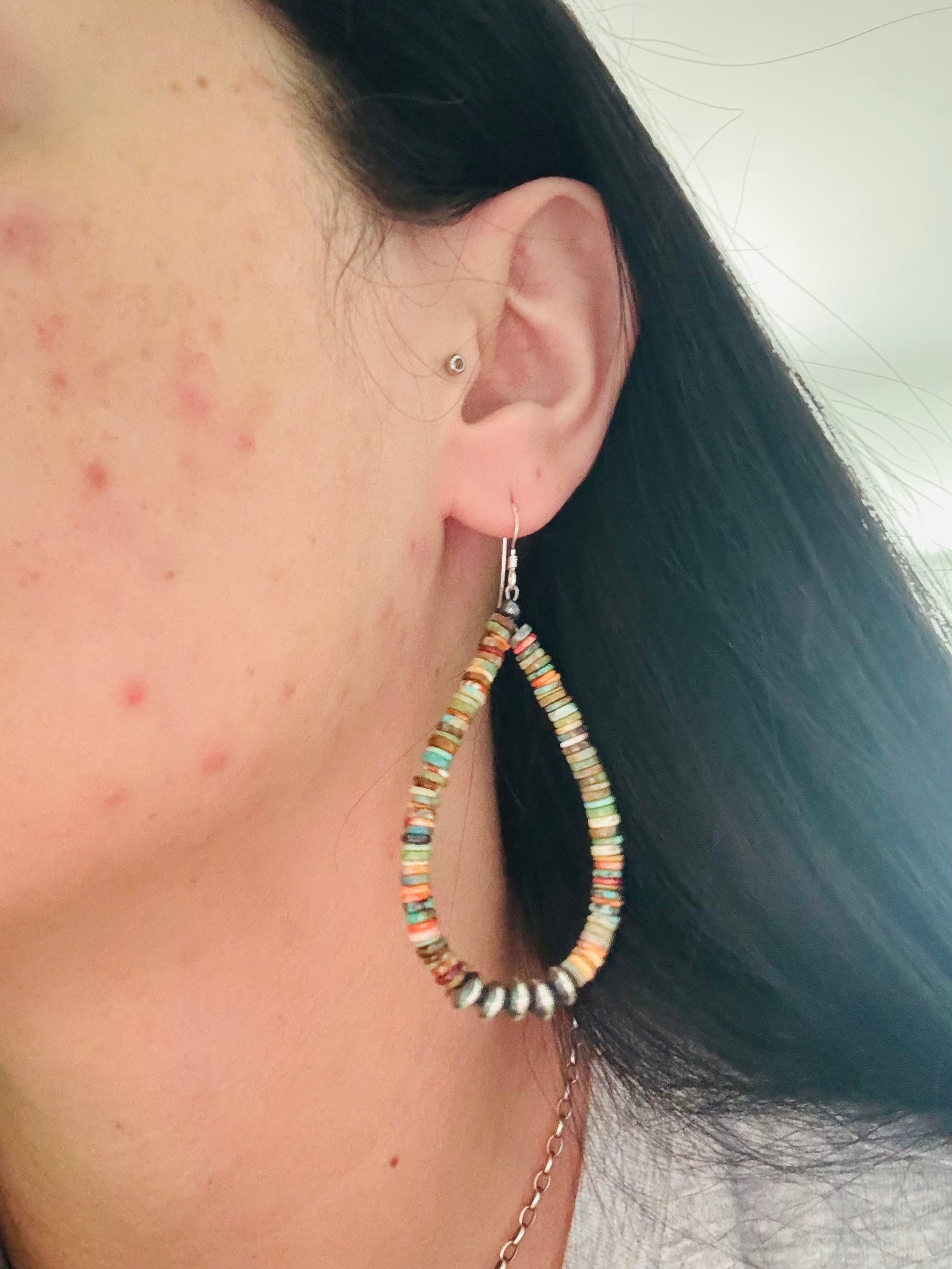 Navajo Strung Multi Stone & Sterling Silver Beaded Dangle Earrings