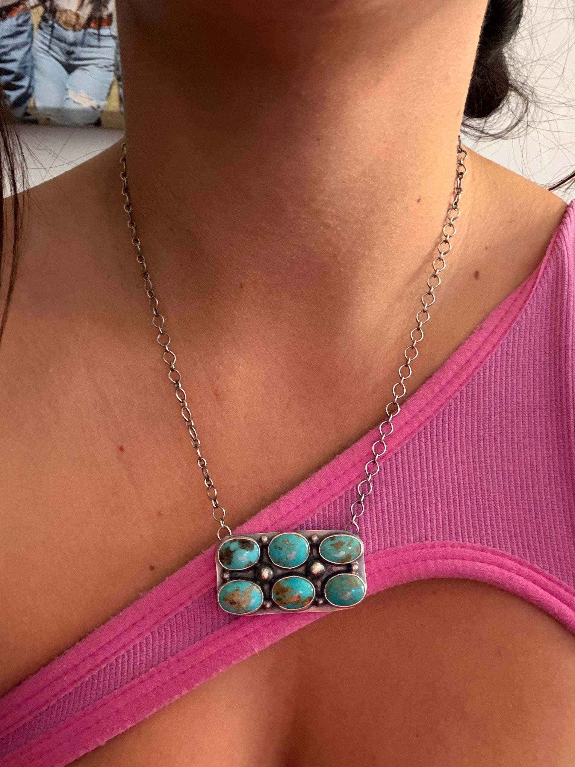 Julie Tso Kingman Turquoise & Sterling Silver Cluster Bar Necklace