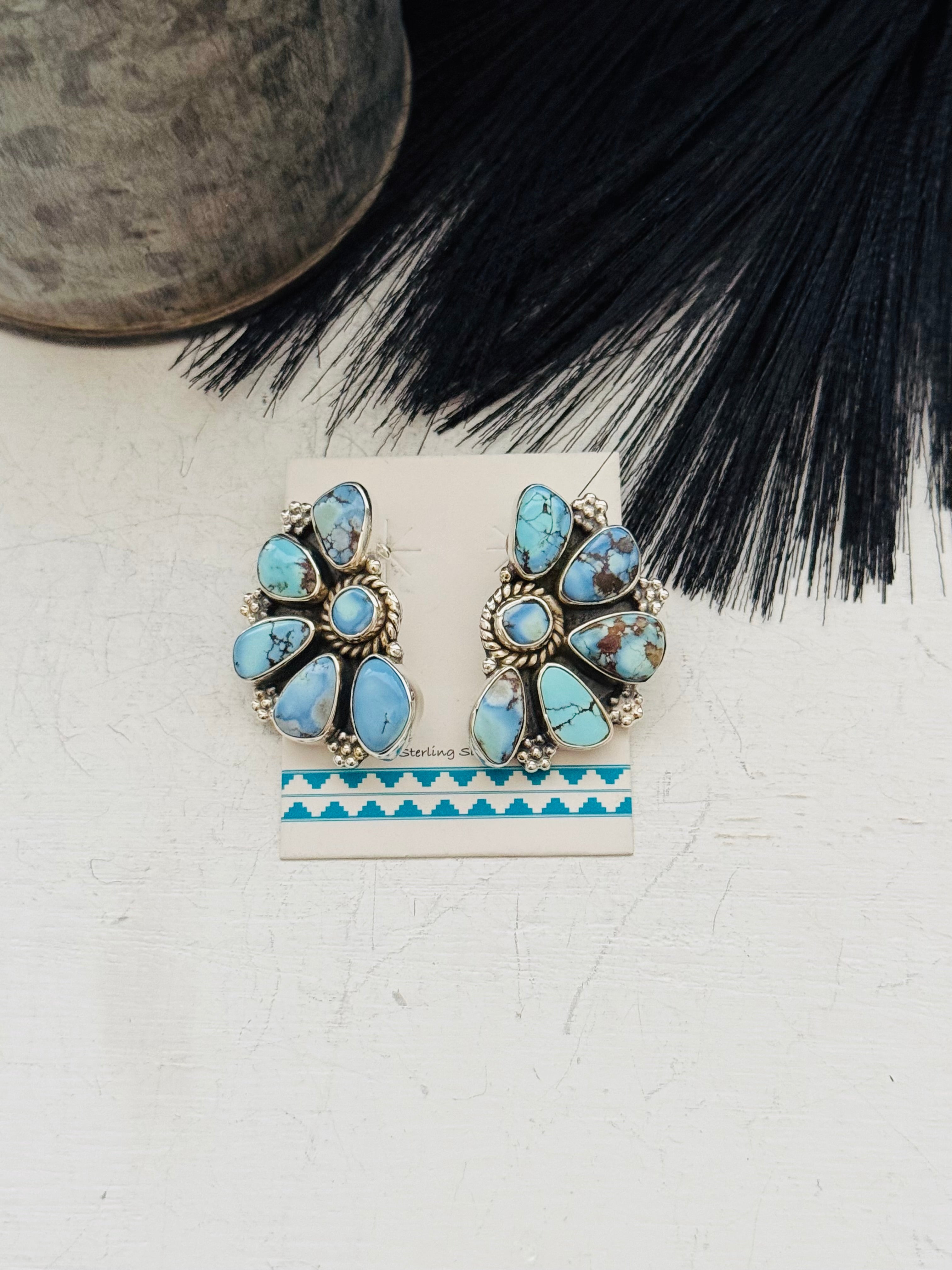 Southwest Handmade Golden Hills Turquoise & Sterling Silver Post Half Cluster Earrings