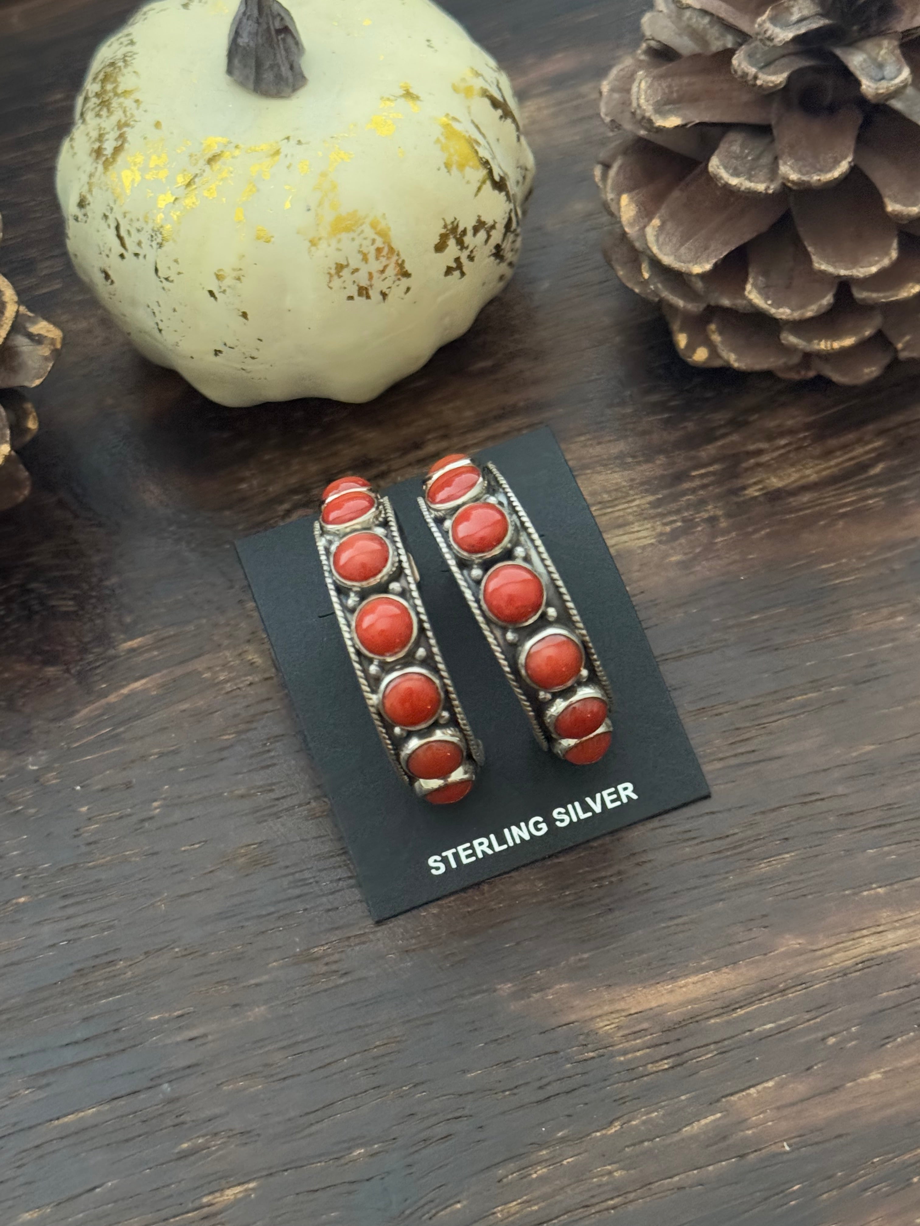 Navajo Made Coral & Sterling Silver Hoop Earrings