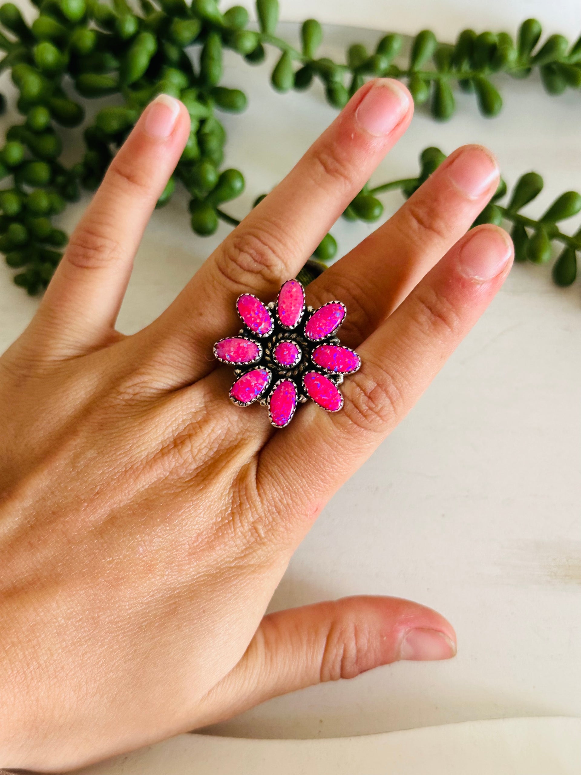 Southwest Handmade Pink Opal & Sterling Silver Adjustable Cluster Ring