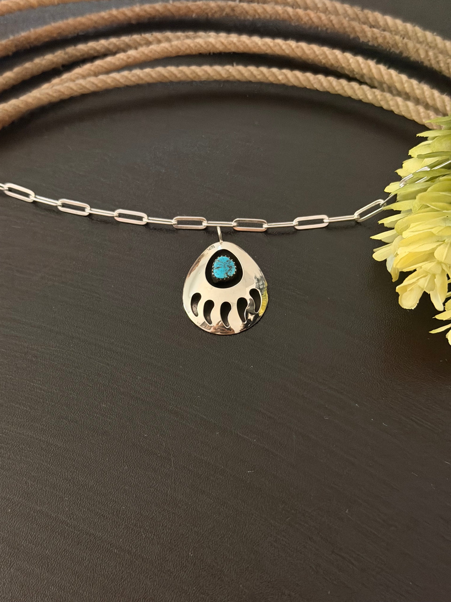 Navajo Made Kingman Turquoise & Sterling Silver Bear Claw Pendant