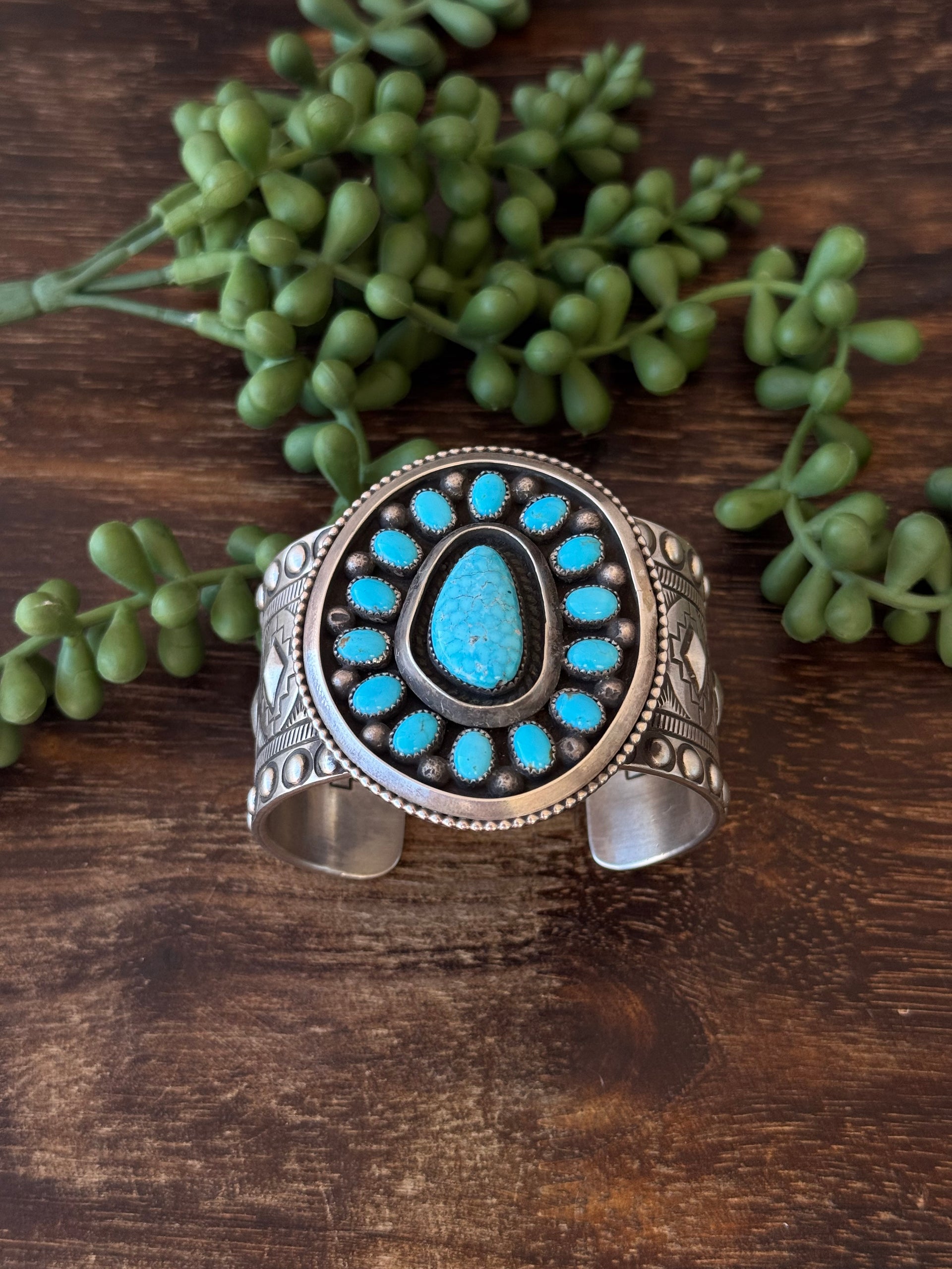 Navajo Made Kingman Turquoise & Sterling Silver Cluster Cuff Bracelet