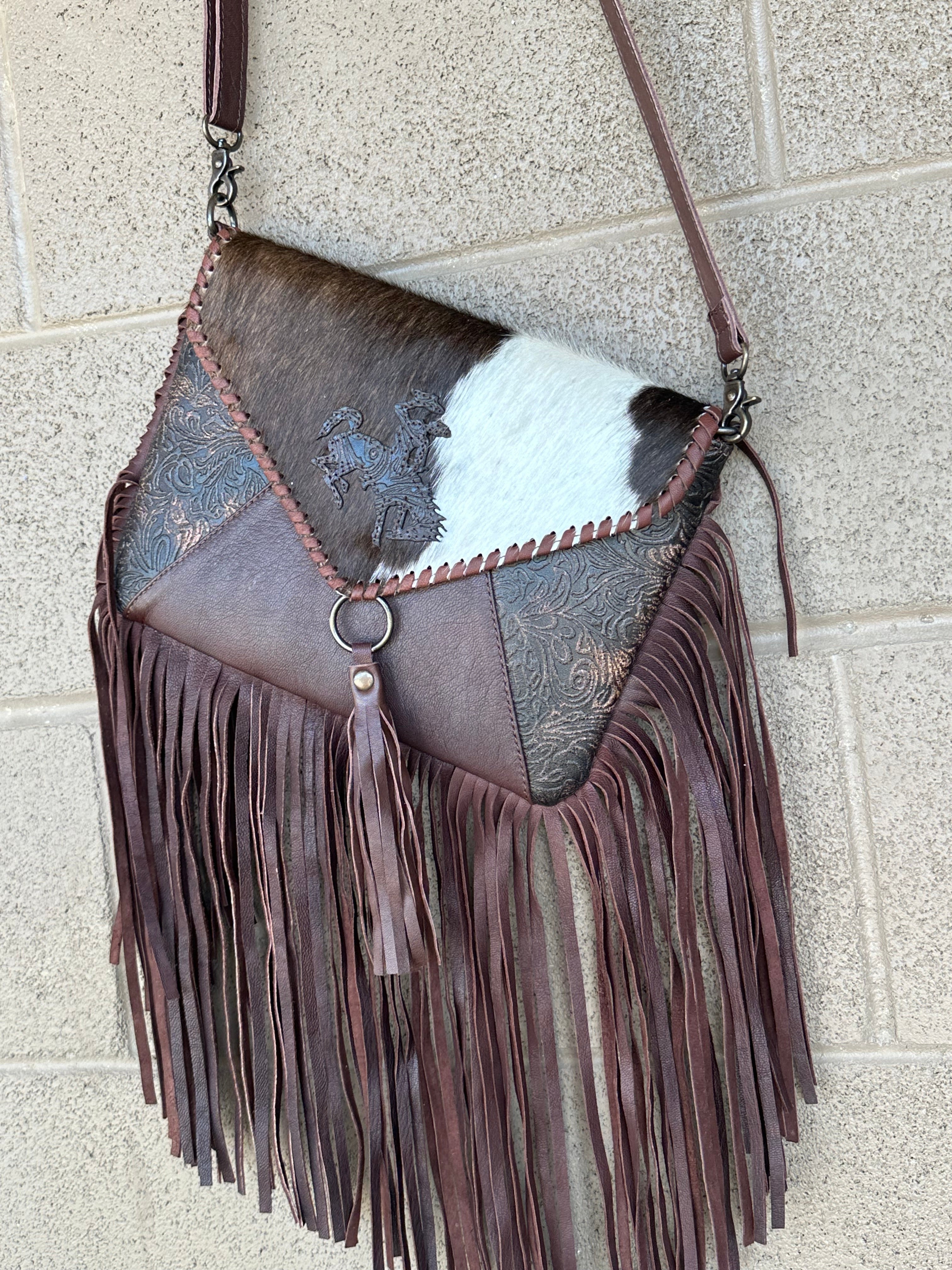 Genuine Tooled Leather & Cowhide Fringe Purse